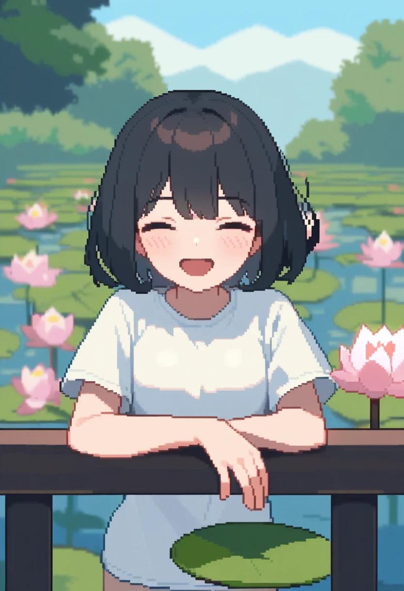 <lora:pixel_art:1>,1girl, black_hair, blush, closed_eyes, day, facing_viewer, lotus, open_mouth, outdoors, pixel_art, railing, short_hair, short_sleeves, smile, solo, white_shirt