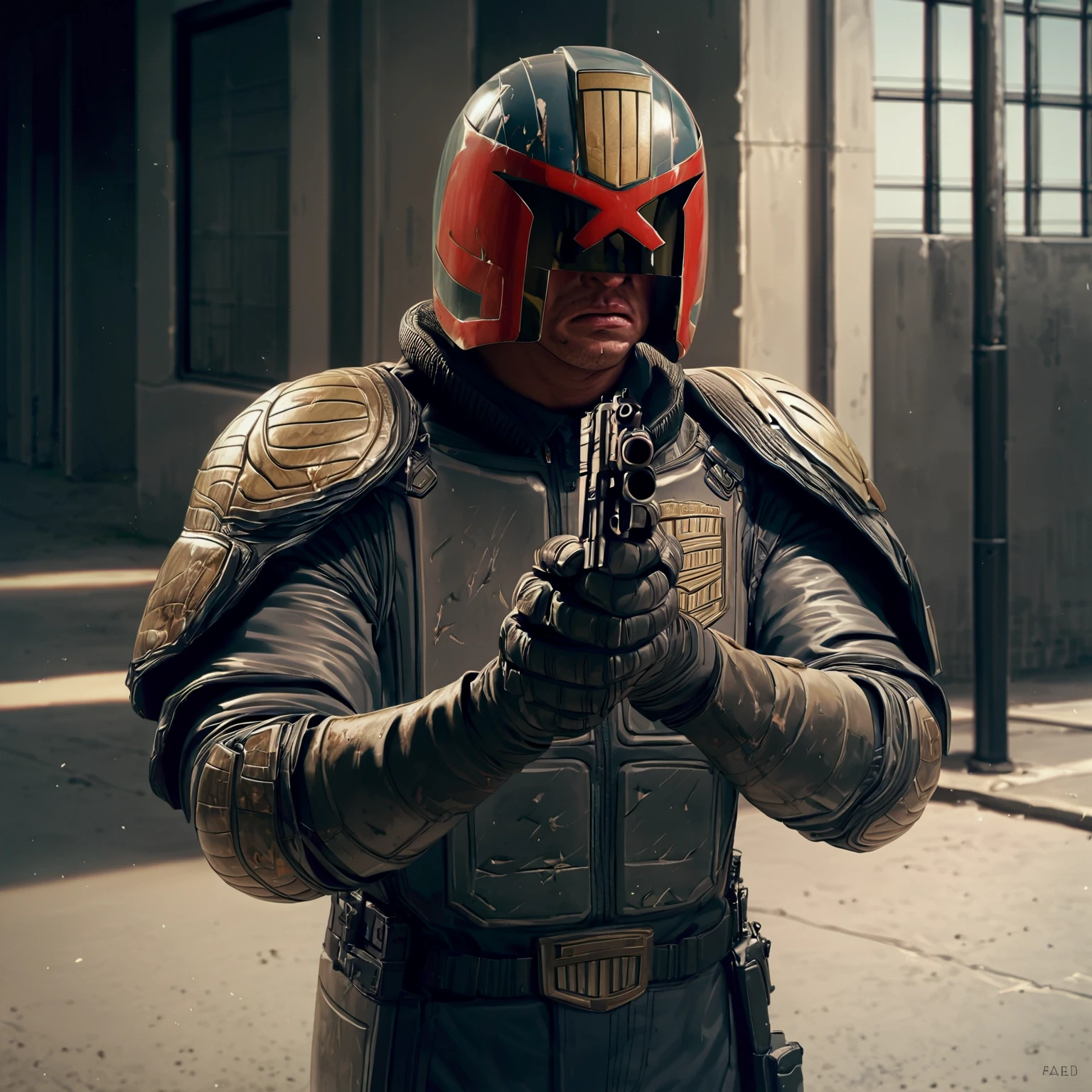 score_9, score_8_up, score_7_up, score_6_up, score_5_up, score_4_up, source_anime, BREAK, Judge Dredd in a helmet holding a gun, standing in a brutalist apartment building, peeling paint, dilapidated, jdgdrdd, leather armor, helmet,