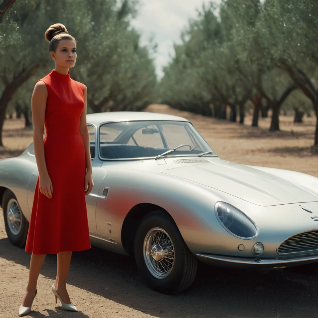 cinematic film still of <lora:1960's style:1>
In the 1960's a woman standing next to a silver futuristic car,1girl,solo,brown hair,dress,outdoors,sleeveless,hair bun,tree,red dress,single hair bun,ground vehicle,motor vehicle,car,vehicle focus,sports car ,realistic,realism, detailed, perfection,perfect,filmic,retro,vintage,classic,different haircut,different look,different style,1960's style , 1960 style, shallow depth of field, vignette, highly detailed, high budget, bokeh, cinemascope, moody, epic, gorgeous, film grain, grainy