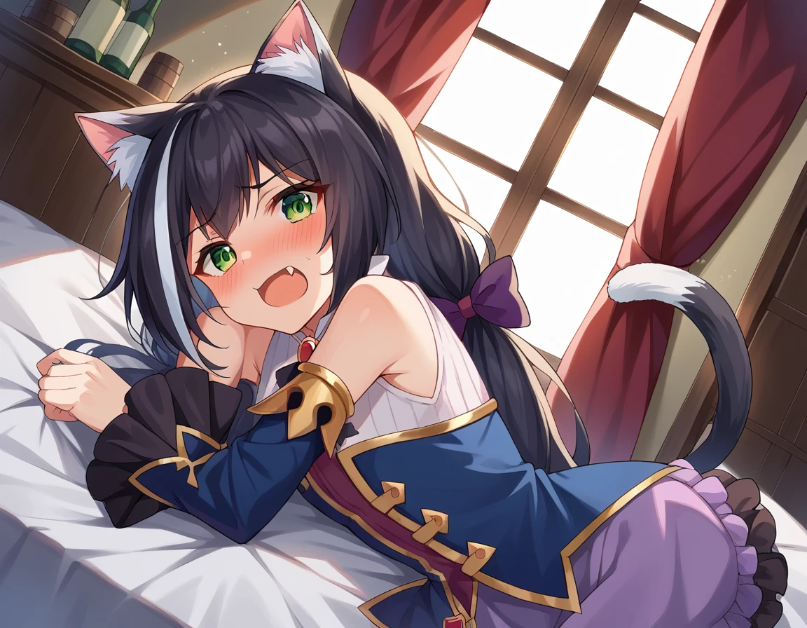 score_9, score_8_up, score_7_up, source_anime,
princessconnectkaryl, <lora:princess-connect-karyl-ponyxl-lora-nochekaiser:1>
karyl, animal ear fluff, animal ears, black hair, black ribbon, cat ears, cat girl, cat tail, fang, green eyes, hair bow, long hair, low twintails, multicolored hair, purple bow, ribbon, skin fang, streaked hair, tail, twintails, vertical stripes, white hair,
arm support, blue sleeves, bow, brooch, detached sleeves, dress, frilled sleeves, frills, multicolored clothes, multicolored dress, neck ribbon, sleeveless, sleeveless dress, striped,
indoors, bed, bed room, on side, blush, drunk,
looking at viewer, dutch angle, cowboy shot