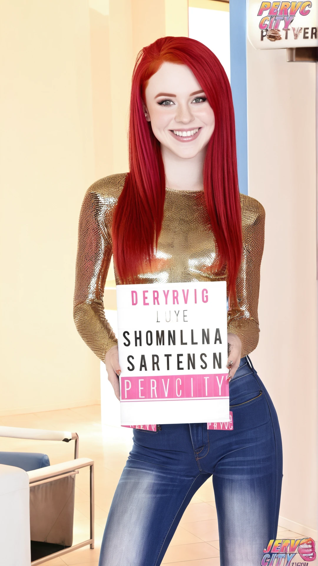 high quality, high resolution, beautiful 18 years old woman, (looking at viewer), holding a poster, standing, jeans, red hair, smile, P3rvC1ty