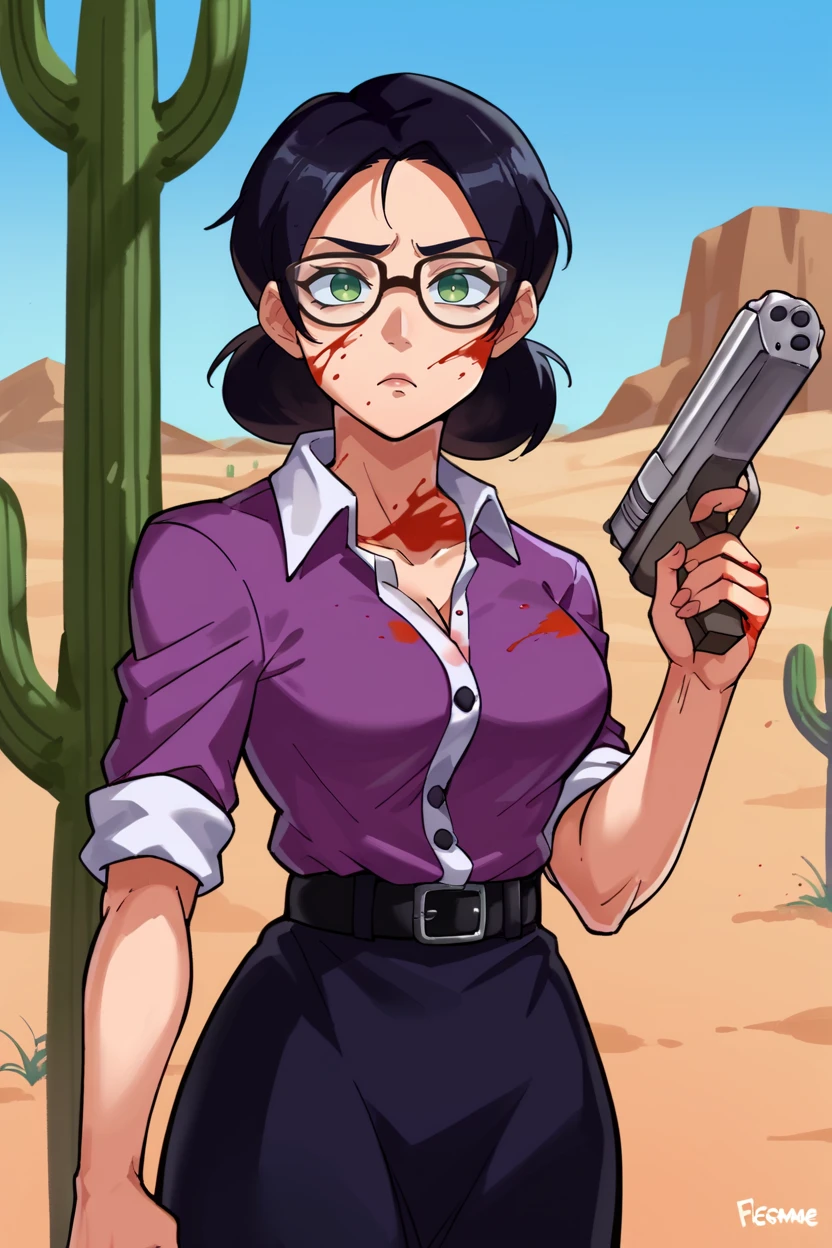 score_9, score_8_up, score_7_up, score_6_up, source_anime, BREAK 1girl,  <lora:mspauling-pdxl-nvwls-v1-000008:1> mspauling, black hair, glasses, purple shirt, buttoned shirt, short sleeves, belt, black skirt, pantyhose, outdoors, parking lot, blue sky, looking at you, bored, desert, cactus, holding pistol, gun, standing, blood splatter, medium breasts, upper body