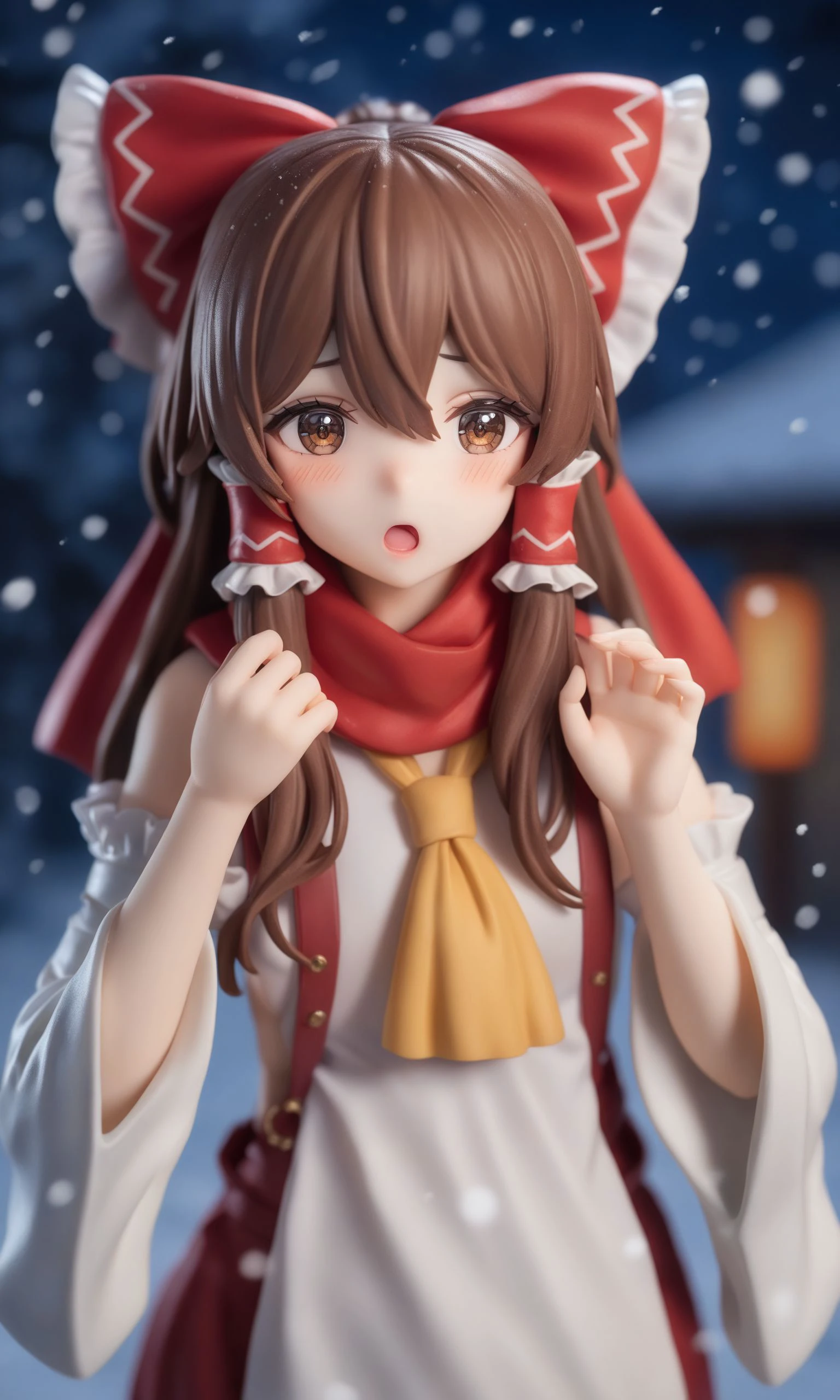 1girl,solo,hakurei_reimu,brown hair,hair tubes,bow,scarf,red bow,hair bow,detached sleeves,looking at viewer,breath,upper body,open mouth,wide sleeves,blush,ascot,snowing,hair between eyes,long sleeves,frills,frilled bow,sidelocks,hands up,sky,outdoors,night,brown eyes,:o,cold,, <lora:hakurei_reimu XL:1>, surreal,amazing quality,masterpiece,best quality,awesome,inspiring,cinematic composition,soft shadows,Film grain,shallow depth of field,highly detailed,high budget,cinemascope,epic,OverallDetail,color graded cinematic,atmospheric lighting,imperfections,natural,shallow dof,best quality,masterpiece,realistic,HDR,UHD,8K,absurdres,realistic