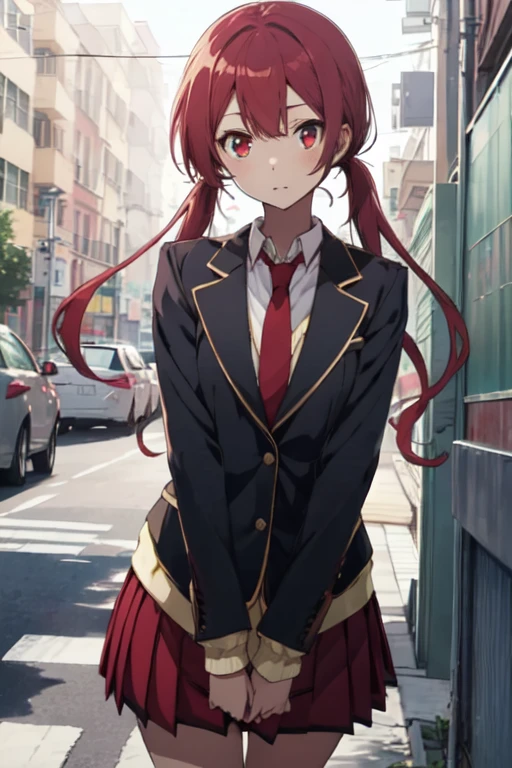 AkaneSakurada, 1girl, solo, long hair, pleated skirt, red eyes, low twintails, school uniform, red hair, necktie, kneehighs, red skirt, blazer, 