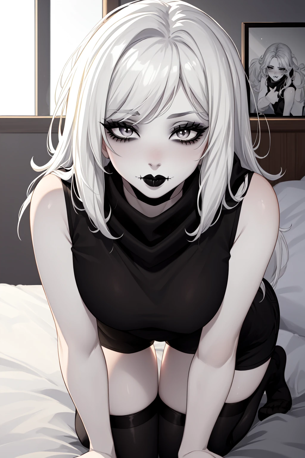 (masterpiece, best quality), ZeroCYPA, (black eyelids:1.4), makeup, (stitched mouth:1.1), black lipstick, grey eyes, white hair, long hair, (pale skin:1.1), black and white scarf, (black shirt:1.2), sleeveless, black shorts, thighhighs, all fours, looking at viewer, naughty face, nose blush, indoors <lora:ZeroCYPA-by-KillerUwU13:0.6>