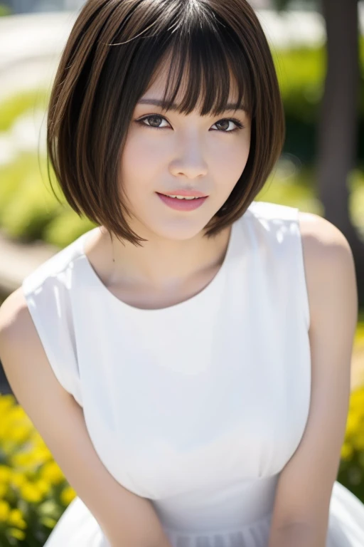 1girl,(RAW photo, best quality), (realistic, photo-realistic:1.4), masterpiece, an extremely delicate and beautiful, extremely detailed, 2k wallpaper, Amazing, finely detail, extremely detailed CG unity 8k wallpaper, ultra-detailed, highres, soft light, beautiful detailed girl, extremely detailed eyes and face, beautiful detailed nose, beautiful detailed eyes,cinematic lighting,perfect anatomy,slender body,
wearing a white avantgarde peplum dress and white skirt,(bokeh:1.2),
at a flower park,sakura flowers,flower garden,
<lora:hamabeminamiV2_lora:0.7>,smile,(hair with bangs),(very short hair:1.5)