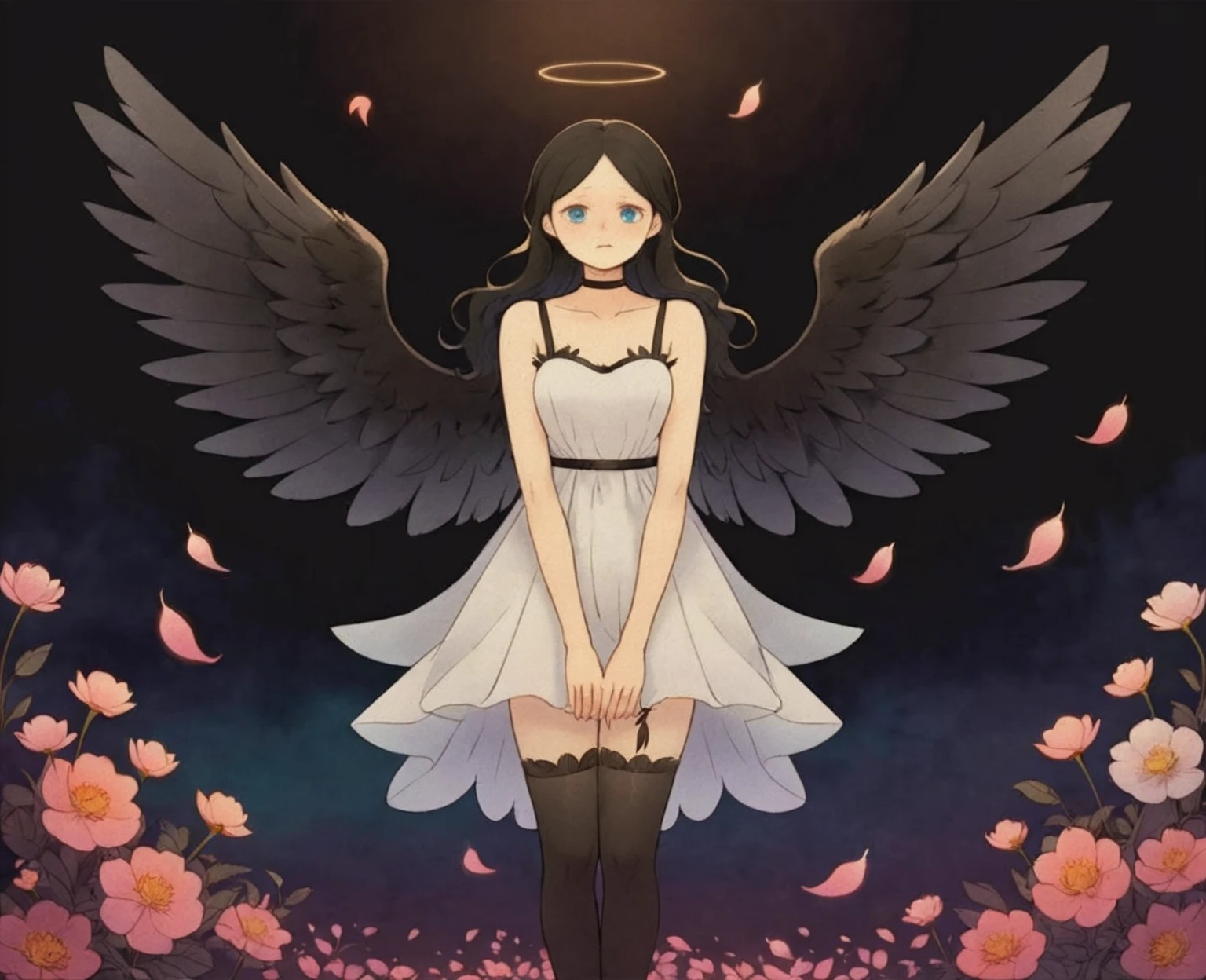 <lora:puuung-000014:0.7>,puuung,romantic ambiance,illustration,female, anime character, long black hair, blue eyes, feathered wings, black feathers, black birds, strap sandals, thigh-high stockings, short white dress, black choker, fantasy, flowers, floral background, pink petals, dark makeup, standing pose, ethereal aura, digital art, vibrant colors, high image quality, subtle gradient background, smooth shading, detailed illustration, stylized, front-facing character, serene expression, elegant, supernatural elements