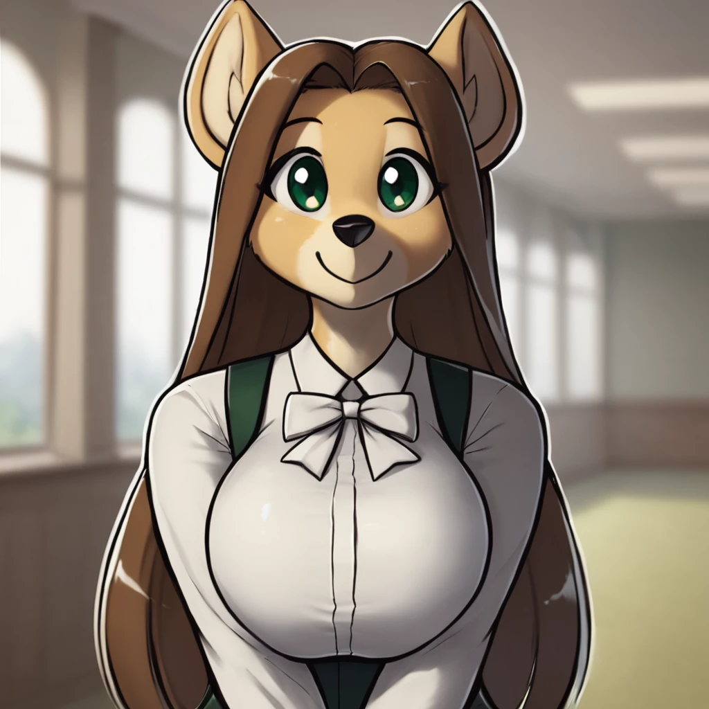 score_9, score_8_up, score_7_up,
HowardStyle,1girl,solo,long hair,breasts,looking at viewer,smile,skirt,large breasts,brown hair,shirt,long sleeves,bow,animal ears,green eyes,standing,white shirt,upper body,sidelocks,shiny,collared shirt,artist name,indoors,bowtie,black skirt,blurry,shiny hair,blurry background,hair intakes,happy,suspenders,white bow,green skirt,furry,forehead,outline,v arms,breasts squeezed together,furry female,suspender skirt,body fur,straight-on,white bowtie,animal nose,snout
, <lora:HowardStylePony:0.6>
