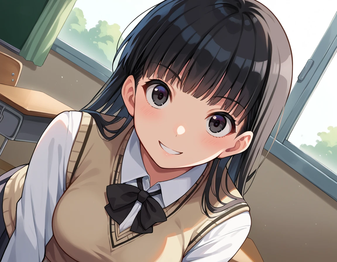 score_9, score_8_up, score_7_up, source_anime,
tsukasaayatsuji, <lora:tsukasa-ayatsuji-ponyxl-lora-nochekaiser:1>
tsukasa ayatsuji, black hair, long hair, bangs, blunt bangs, black eyes, smile,
kibito high school uniform, school uniform, sweater vest,
indoors, classroom, bent over,
looking at viewer, dutch angle, cowboy shot
