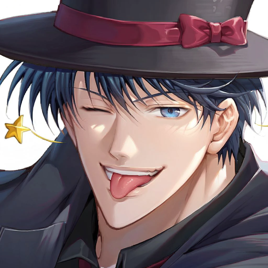 score_9, score_8_up, score_7_up, phantom thief jade, 1boy, solo, dark blue hair, dark blue eyes, top hat, monocle, black suit, black cape, red necktie, close-up portrait, smile, tongue, wink, looking at viewer, white background