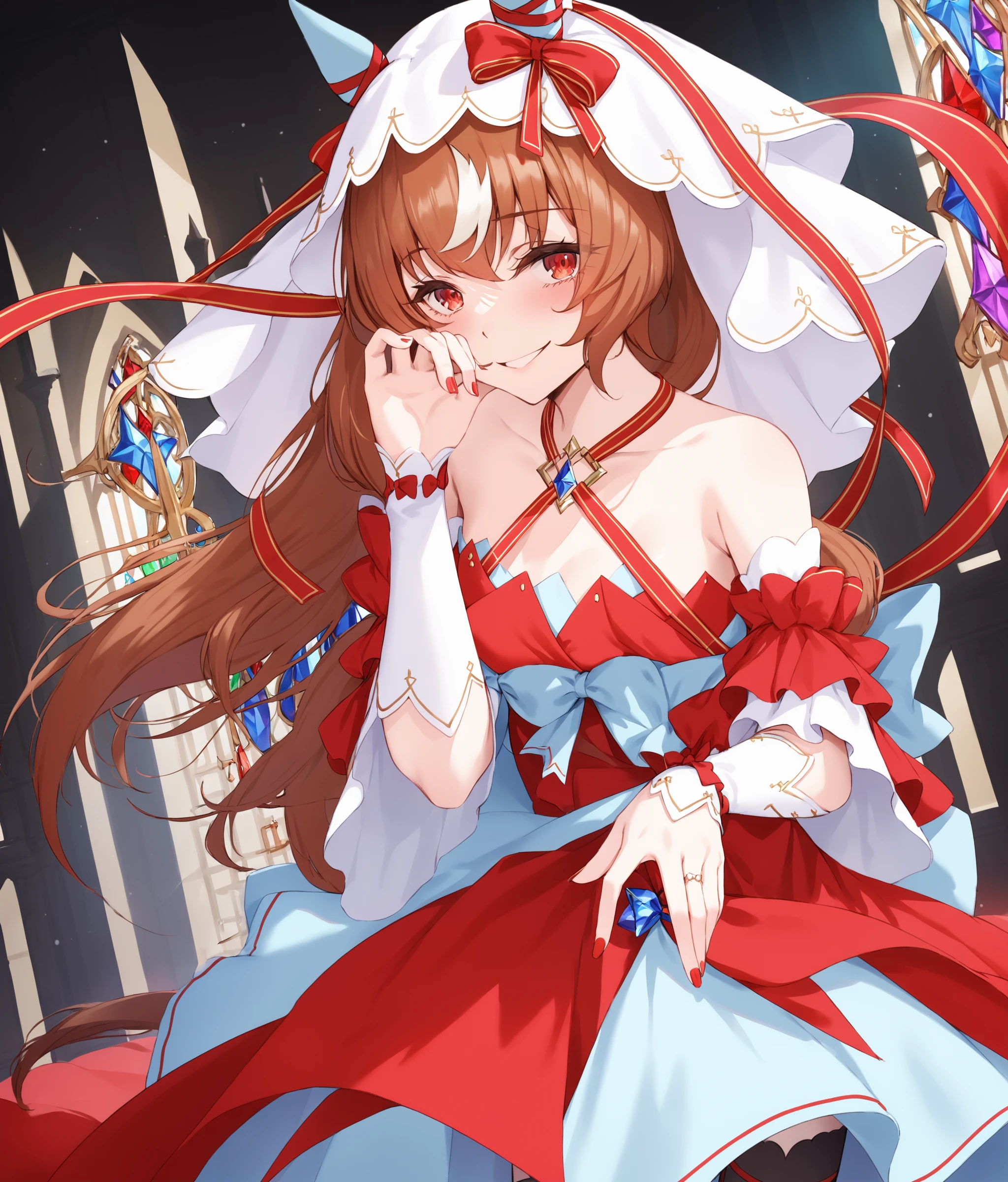 score_9, score_8_up, score_7_up, source_anime, 2D, anime BREAK
masterpiece, highly_detailed, highres,
church, dark, night,
(red nail:0.75), Show Fingers, five fingers,
shobofuku, <lora:StillinLove_v1-ponyXL:0.8>,
1girl, , mature, tall, solo, red eyes, bare shoulders, small breasts, horse ears, horse tail, yandere, yandere trance,
bangs, eyebrows visible through hair, long brown hair, streaked hair, hair between eyes, hair scrunchie, veil,
criss-cross halter, red dress, detached sleeves, black thighhighs,
dress bow, ribbon, bow, red bow, jewelry,
smile, blush,