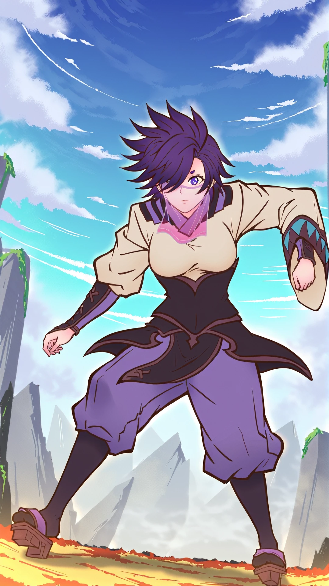 score_9, score_8_up, score_7_up, Smooth 2, Anime 2, (((cowboy shot))), (((dynamic pose))), (((dynamic angle))), gonchu, fighting, transparent pink face veil, 1woman, short purple hair, hair over right eye, indigo eye, pale shirt, shoulder guards, wrist guards, black waistguard, teal triangle pattern on left sleeve, purple pants tucked into black stockings, geta sandals, 8k, 16k, trending on pixiv, fanbox, skeb, masterpiece, absurdest, (outdoors, Chinese fantasy background), <lora:Smooth Anime 2 Style SDXL_LoRA_Pony Diffusion V6 XL:0.7>, highly detailed, extremely detailed, <lora:Gongyi_Churen_Fog_Hill_of_Five_Elements_PonyXL:0.9>