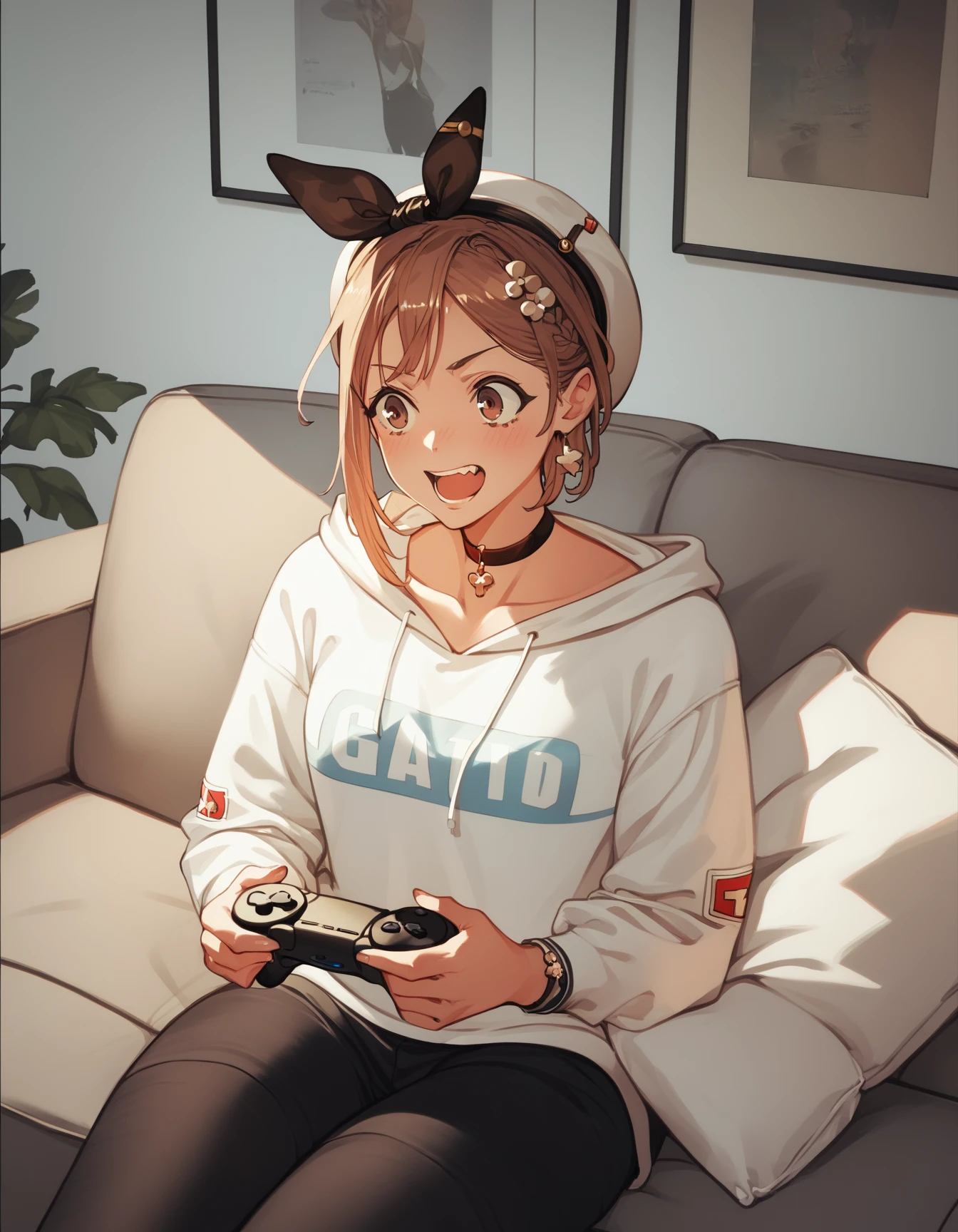 score_9, score_8_up, score_7_up, score_6_up, score_5_up, score_4_up
reisalin stout, choker, beret, streetwear, techwear, fashion,
playing games, playstation controller, excited, sitting, couch, living room