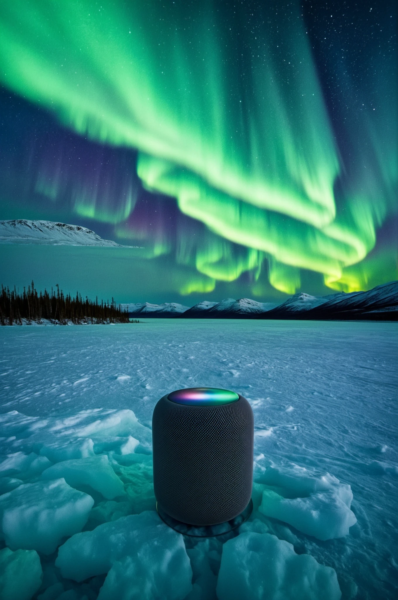 (sp3ak3r, This image features a small, white speaker or speaker system:1.1). 
aurora borealis, arctic backdrop, polar lights, mirror-like ice, surreal environment, midnight sun, vibrant sky colors, reflection on ice, extreme conditions, insulated design, sharp contrasts, untouched wilderness, nature meets technology