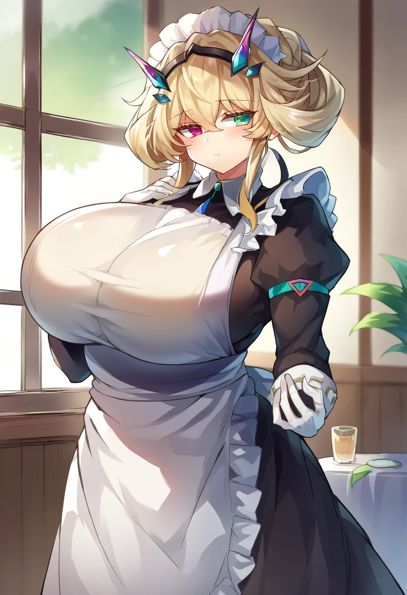 score_9, score_8_up, score_7_up, source_anime BREAK 1girl, solo, looking at viewer, cowboy shot, <lora:Barghest_Sdxl:0.9>, Barghest_Maid, platinum blonde hair, twin braids, short hair, sidelocks, hair up, hair bun, heterochromia, maid headdress, frilled dress, pleated dress, juliet sleeves, maid apron, collar, black skirt, long skirt, white gloves, huge breasts, curvy, indoors, vila, marble floor, glass table, day, window, <lora:Pokoten-Style-PonyXL-000046:1>