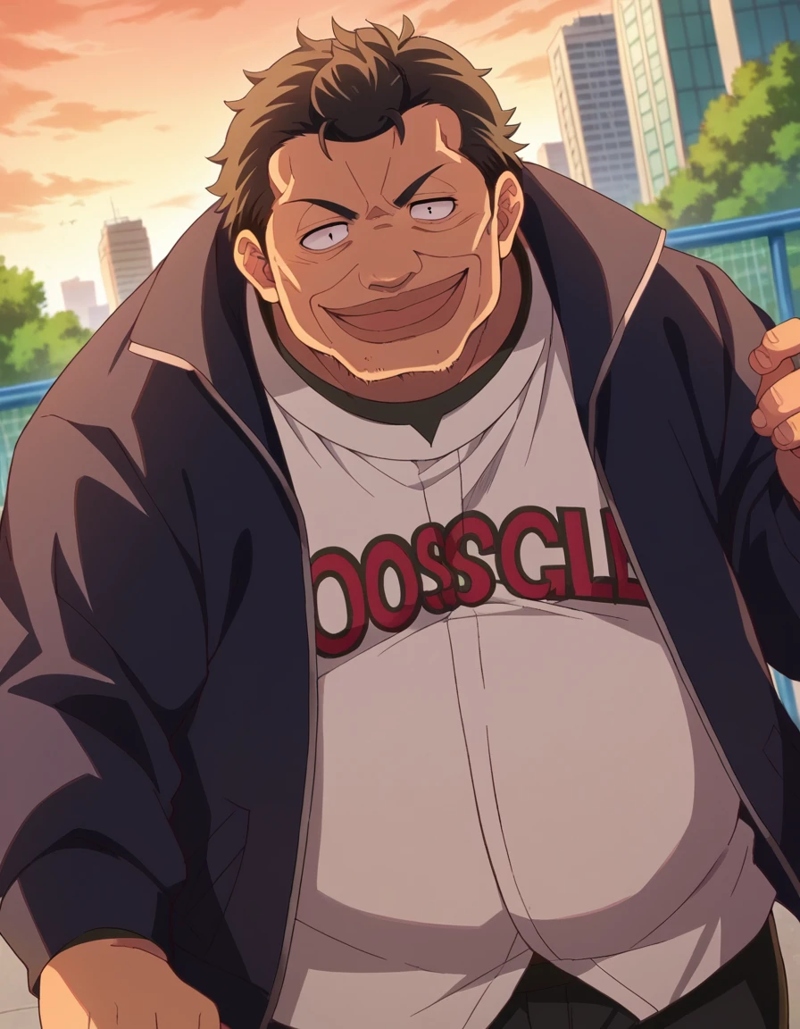 score_9, score_8_up, score_7_up, source_anime,
gonzoukosugi, <lora:gonzou-kosugi-ponyxl-lora-nochekaiser:1>
gonzou kosugi, short hair, black hair, male focus, facial hair, stubble, fat, fat man, black eyes,
shirt, jacket, white shirt, open clothes,
outdoors, cityscape, smile,
looking at viewer, dutch angle, cowboy shot