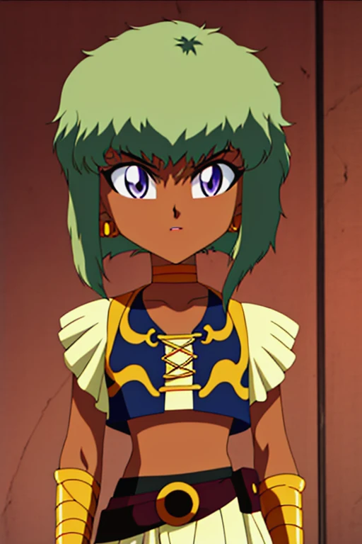 purple eyes, brown skin, frills, crop_top, midriff, navel, battle b-daman series style, feresu(battle b-daman), chibi, 1girl, solo, dark skin, retro artstyle, jewelry, dark-skinned female, green hair, 1990s (style), short hair, earrings <lora:FeresuBattle_B-Daman_Fire_Spirits:0.8>