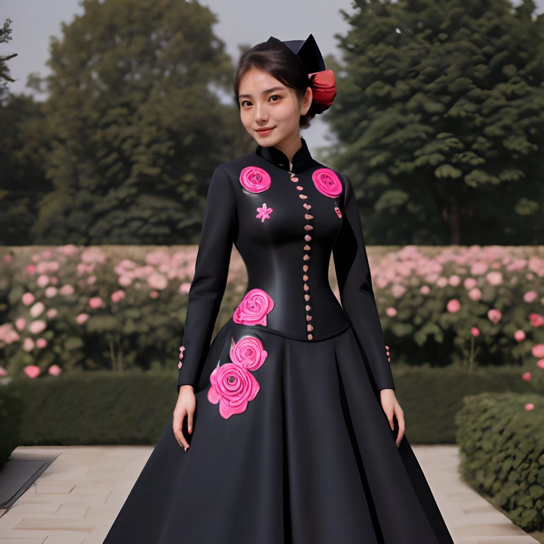 <lora:Maria_Zhang:1> maria_zhang, 
 <lora:Outfit_soph-OnyxApplique:0.8> (onyx midnight-black dress) (double-breasted coat) (pink rose applique:1.2) corset, fascinator, rose, wool blend, rose buttons
in a rose garden