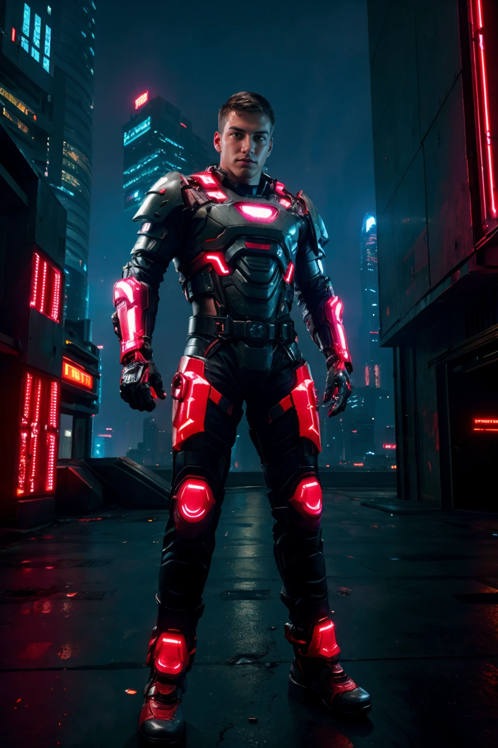 cyberpunk futuristic city by tooimage at dusk, bokeh, JoelBirkin wearing red mechaarmor, cyberpunk armor, mecharmor gloves, red glow (((full body portrait))), wide angle <lora:JoelBirkin:0.8> <lora:cyberpunk:0.4> <lora:mechaarmor_v0.7:0.4>