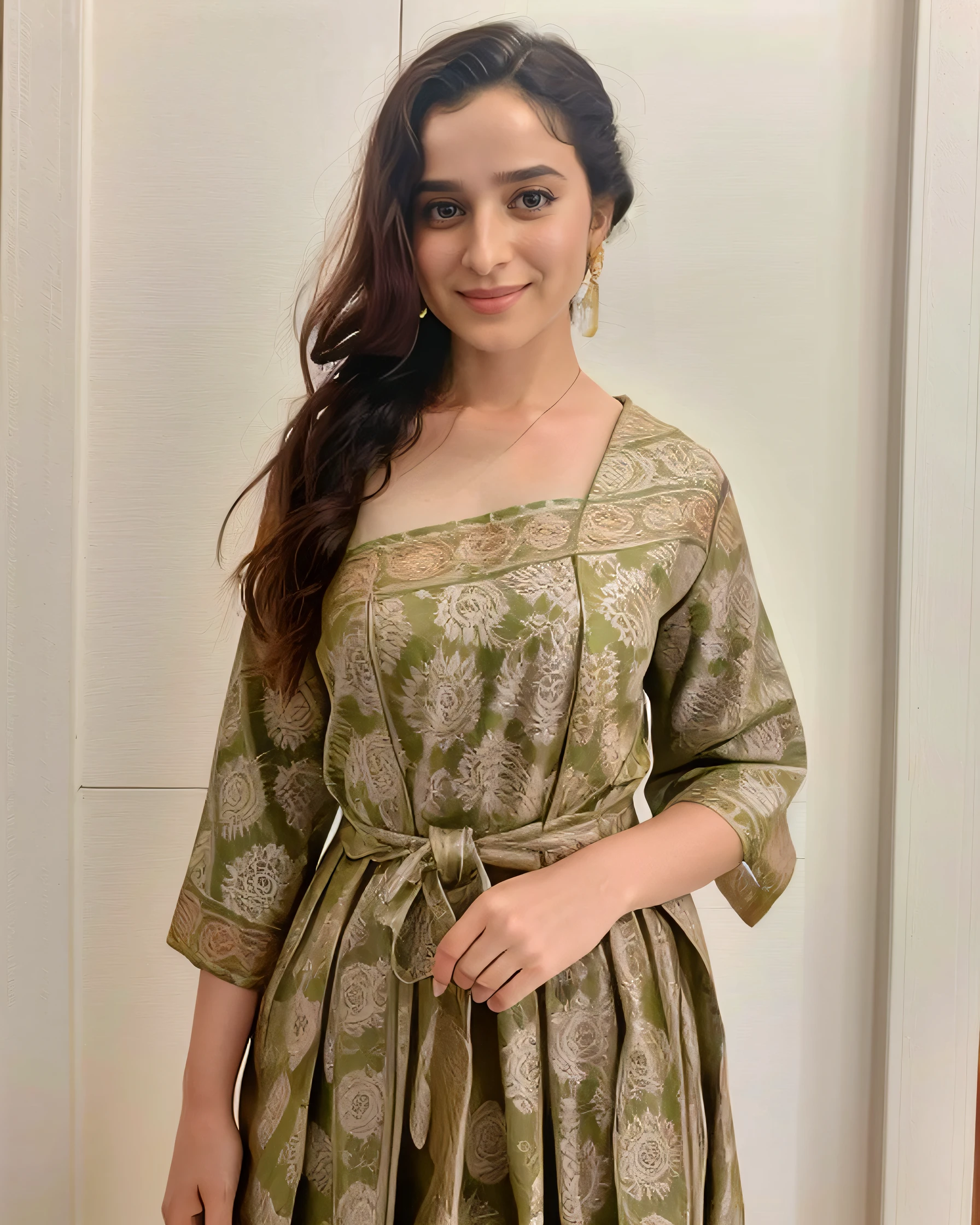 photo of ssin woman, conservatively dressed, wearing Sage high neck Kalamkari Dress (hand-painted fabric) that covers the neck breasts and midriff, dynamic pose, simple bohemian interior background in bokeh <lora:ssin_Simone_Singh_SD15_LoRA_prodigy_local_regs:1>