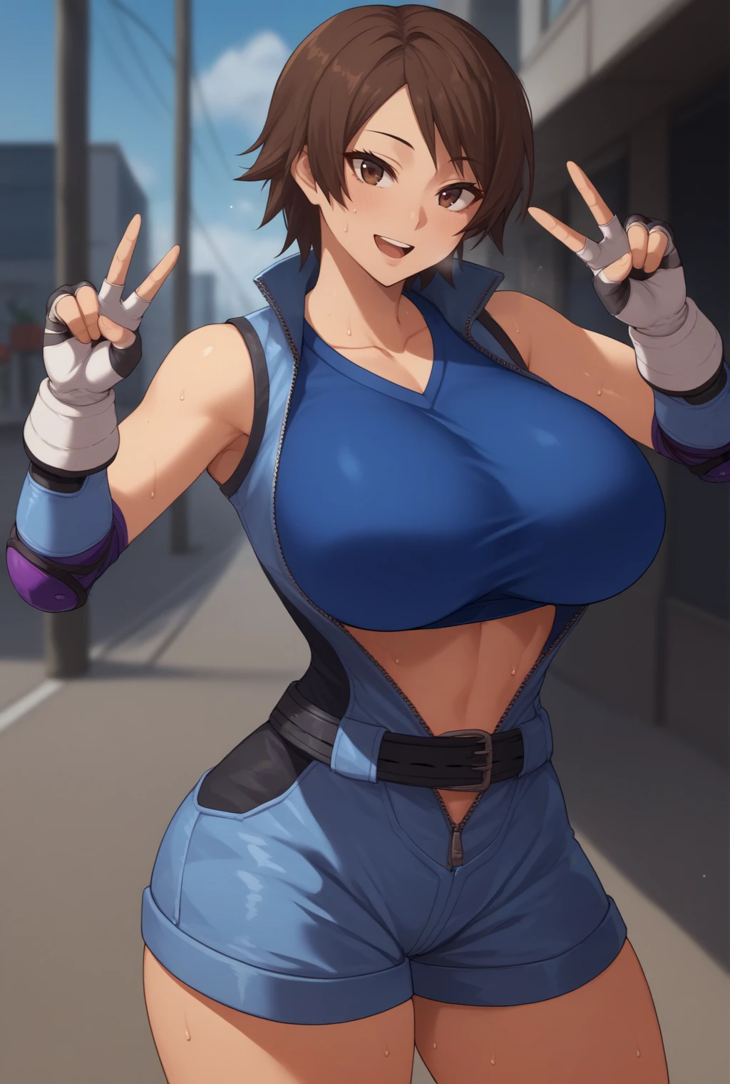 score_9, score_8_up, score_7_up, source_anime, 1girl, looking at viewer, cowboy shot,
<lora:AsukaPdxlDwnsty:1>,brown eyes, short hair, brown hair, blue jumpsuit, unzipped, sports bra, zipper, elbow gloves, fingerless gloves, elbow pads, shorts, black belt,
huge breasts, wide hips, thick thighs, double v,  smile, sweat, open mouth, heavy breathing, 
outdoors, street, sunlight, blue sky,