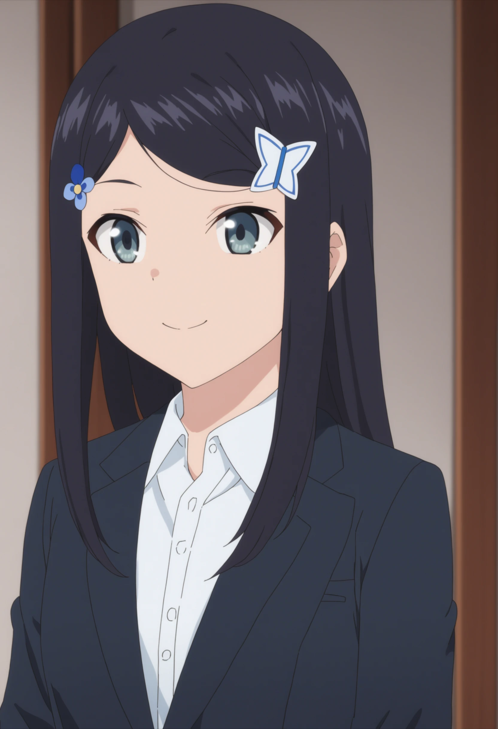 sysdeep_mitsuha, 1girl, solo, long_hair, smile, blue_eyes, shirt, black_hair, hair_ornament, jacket, white_shirt, upper_body, hairclip, collared_shirt, grey_eyes, dress_shirt, formal, suit, anime_coloring, <lora:Mitsuha Yamano - [Saving 80000 Gold in Another World for My Retirement] - XL Version 1:1>