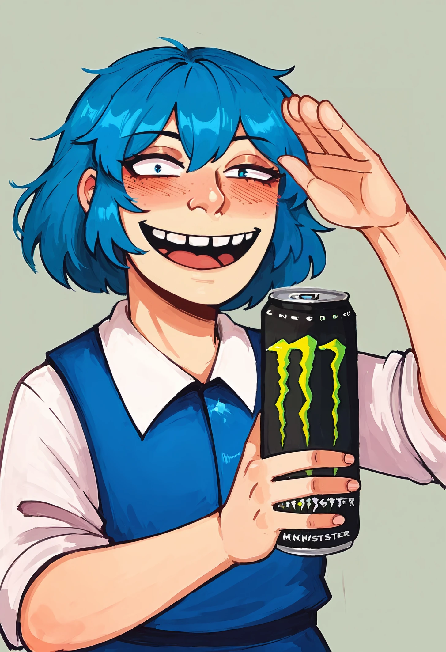 score_9, score_8_up, score_7_up,
<lora:lozhkin_pony:0.6> lozhkin, open mouth, big smile, accurate teeth with gaps, smile, blush, salute,
(cirno:1.1), touhou, blue_hair,
monster energy, holding monster energy, <lora:monsterEenergy_pony:0.7>