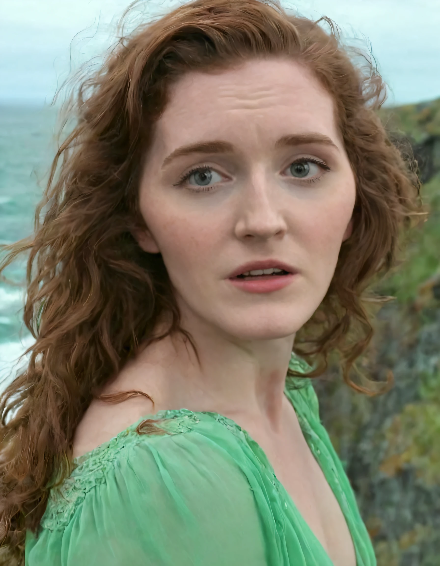 Capturing Emily FitzGerald, the young woman with stunning brown hair cascading elegantly down her back, stood on a cliff's edge overlooking the vast ocean; her expressive, parted lips slightly revealed her nervous excitement while her vibrant green eyes searched for that perfect shot as she confidently wore a flattering outfit, embracing the breathtaking landscape and embodying the essence of her name, Emily Fitzgerald. <lora:vjqynp18e87af2655m699:1>