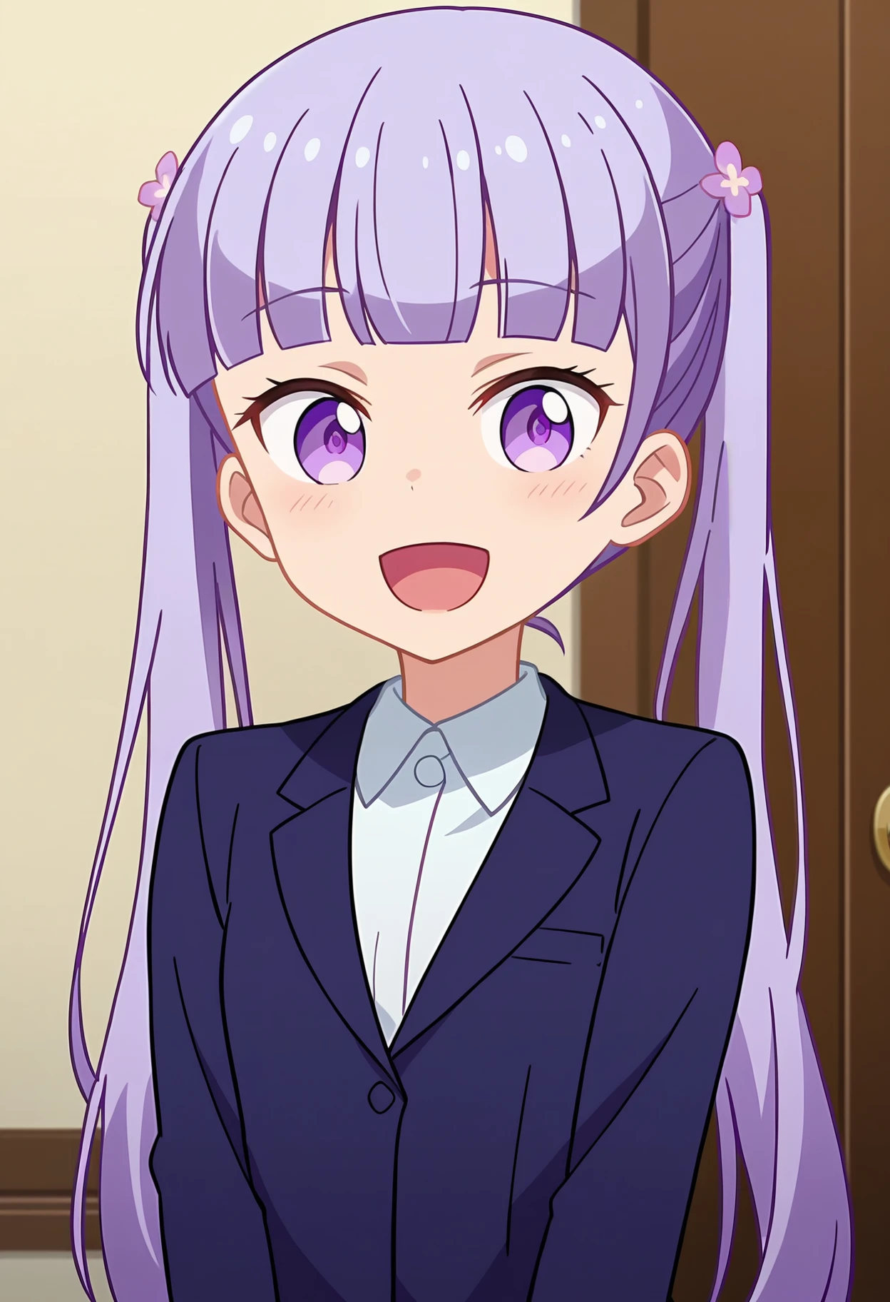 score_9, score_8_up, <lora:EmployeeAobaSuzukaze_Exotica:1>, 1girl, solo, small breasts, long purple hair, purple flower hair ornament, twintails, purple eyes, blunt bangs, white collared shirt, blue jacket, formal, blazer, suit, business suit, skirt suit, happy, anime screencap, anime coloring, source_anime