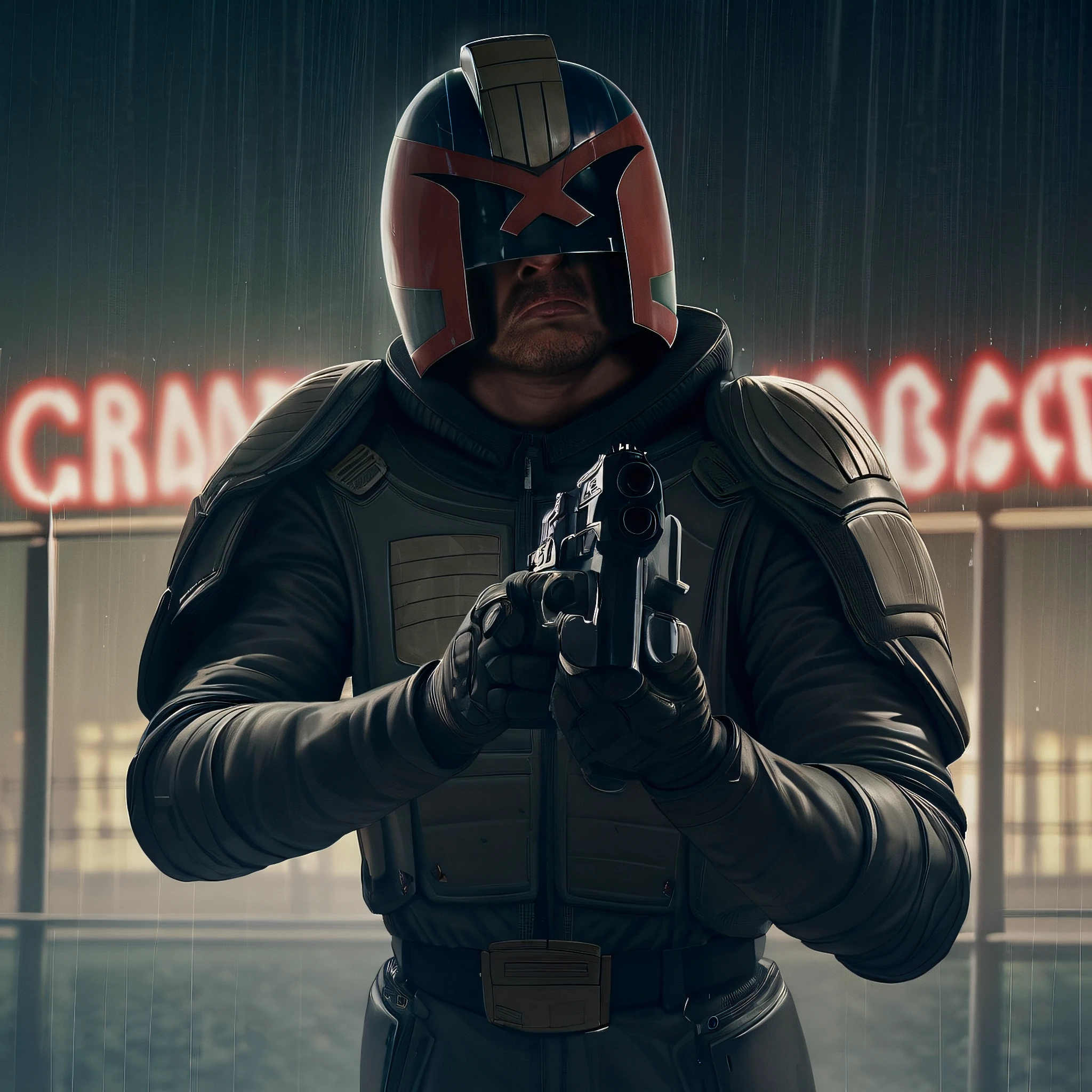 score_9, score_8_up, score_7_up, score_6_up, score_5_up, score_4_up, source_anime, BREAK, Judge Dredd in a helmet holding a gun, standing in a brutalist apartment building, peeling paint, dilapidated, jdgdrdd, leather armor, helmet, night, neon light, rain, fire,