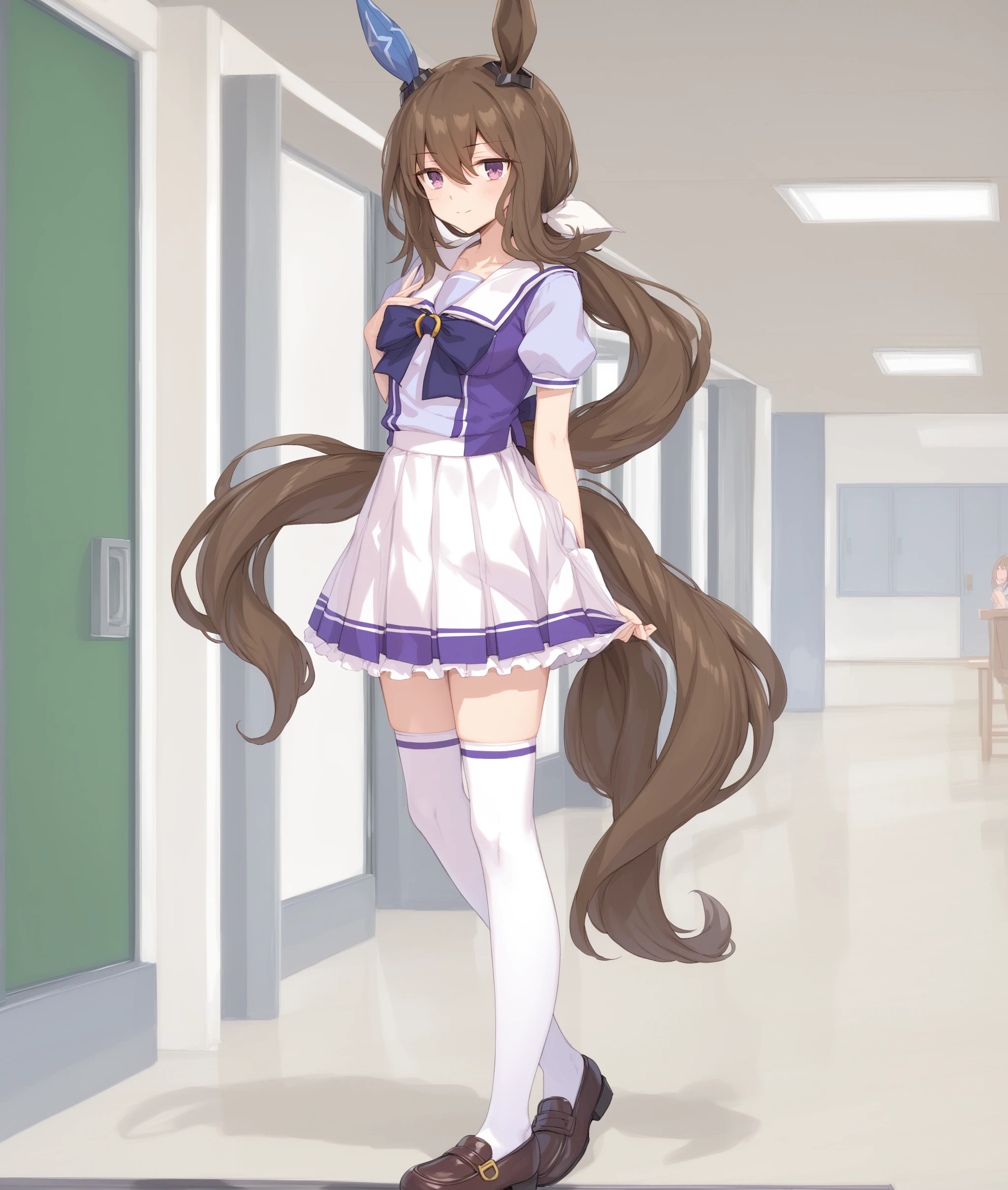 score_9, score_8_up, score_7_up, source_anime BREAK
tracen_uniform, 1girl, solo, long hair, looking at viewer, bangs, skirt, brown hair, shirt, thighhighs, bow, ribbon, animal ears, hair between eyes, school uniform, standing, purple eyes, tail, full body, ponytail, short sleeves, pleated skirt, frills, shoes, serafuku, puffy sleeves, miniskirt, bowtie, sailor collar, white thighhighs, puffy short sleeves, zettai ryouiki, brown footwear, white skirt, horse ears, frilled skirt, horse girl, horse tail, low ponytail, purple shirt, sailor shirt, tracen school uniform, summer uniform, ear covers, horseshoe ornament, single ear cover,
<lora:admire_vega_XL-ponyXL_dropout:1>,