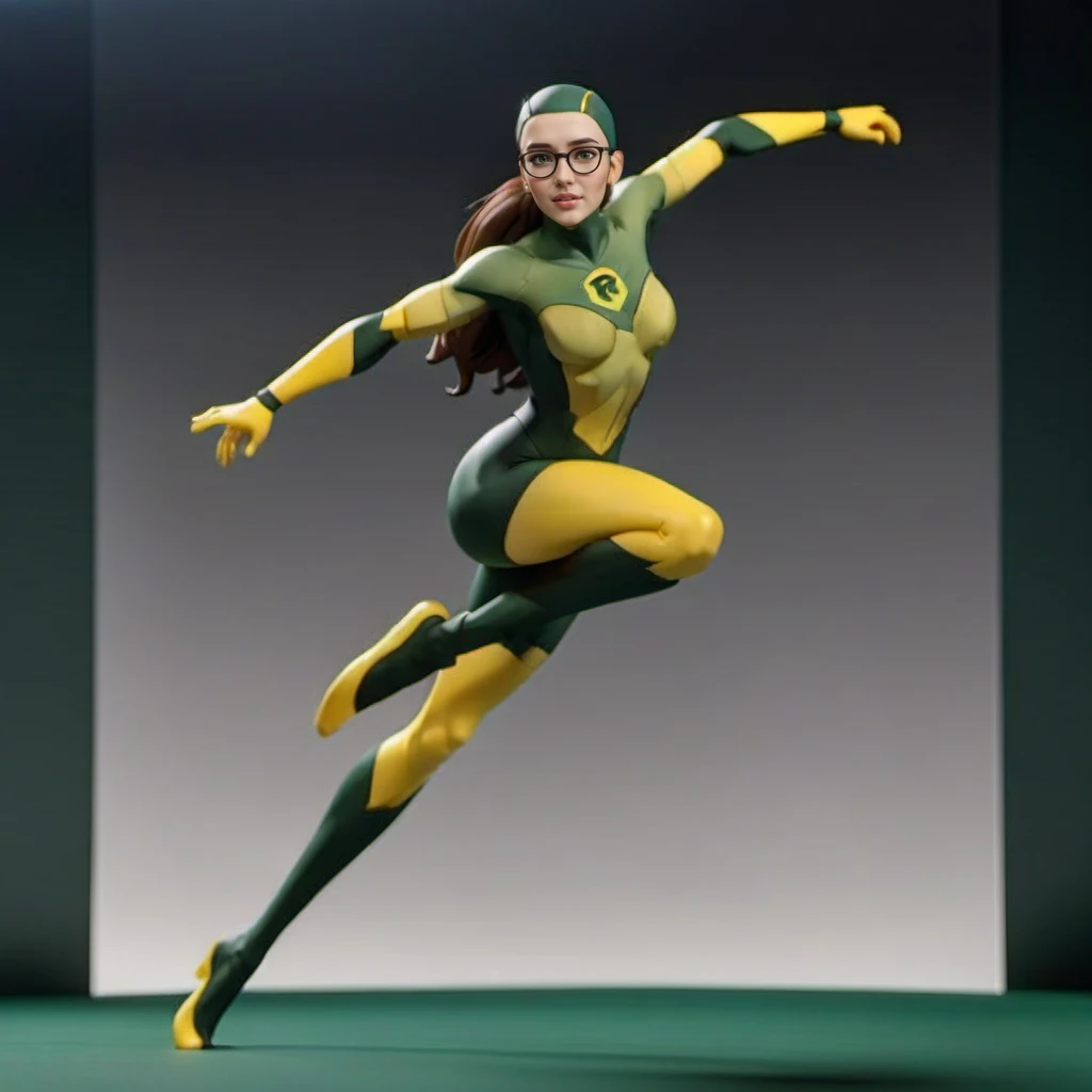cinematic photo a realistic photo of a miniature woman with glasses in a green and yellow outfit <lora:ShrinkingRae1024:0.9> . 35mm photograph, film, bokeh, professional, 4k, highly detailed