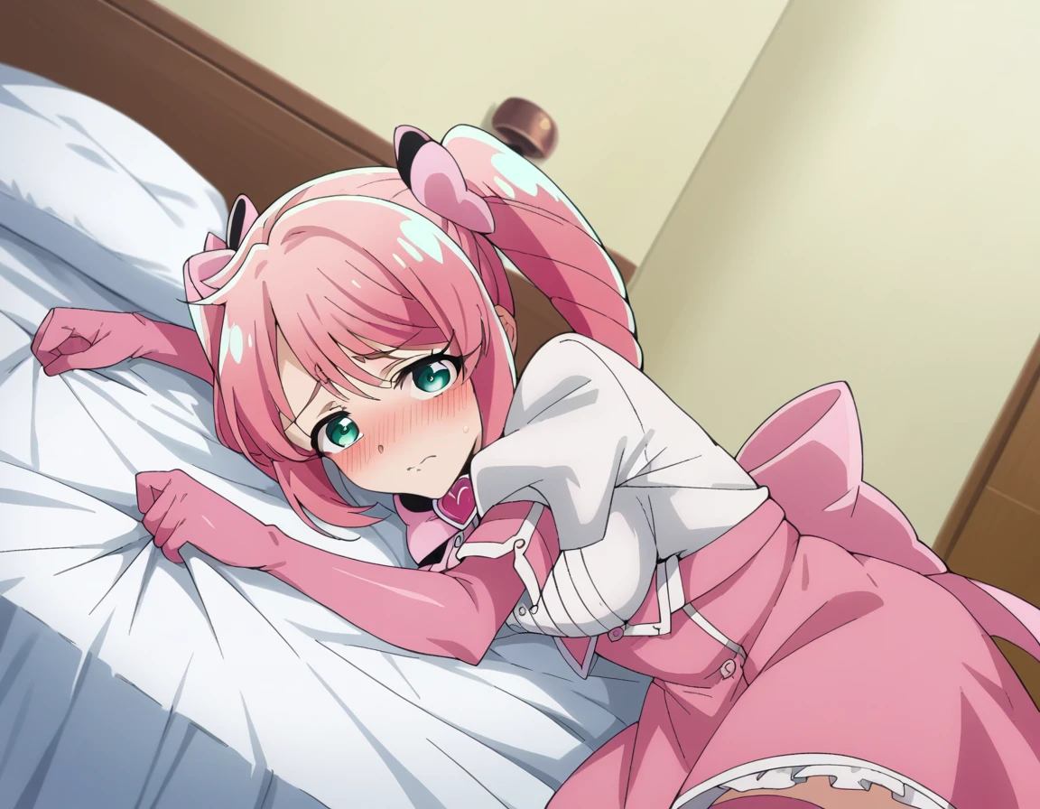 score_9, score_8_up, score_7_up, source_anime,
harukahanabishi, <lora:haruka-hanabishi-ponyxl-lora-nochekaiser:1>
haruka hanabishi, twintails, green eyes, pink hair,
thighhighs, gloves, dress, bow, magical girl, pink gloves,
indoors, bed, bed room, on side, blush, drunk,
looking at viewer, dutch angle, cowboy shot