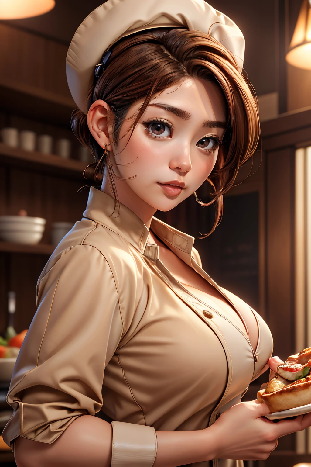 ((detailed)), ((masterpiece)), 8k resolution,
1girl,  brown eyes, lips, brown hair, earrings, jewelry,
a woman, professional chef, double-breasted jacket, chef's hat, undercut, upper body,
,megufujiuralora <lora:megufujiura3lora:0.9>