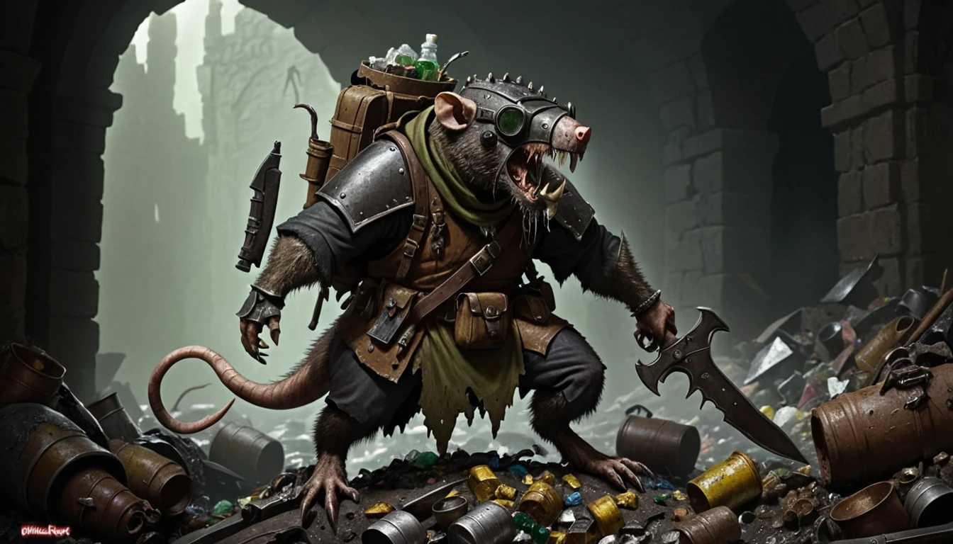 A digital painting of a Skaven from Warhammer Fantasy. The Skaven is depicted as a bipedal rat-like creature with grey fur and a long, scaly tail. It is wearing a tattered brown cloak and a metal helmet with a pair of goggles. It is also carrying a variety of weapons and gadgets, including a pair of pistols, a dagger, and a backpack full of alchemical potions. The Skaven is standing in a dark, underground chamber, surrounded by piles of garbage and debris. The air is thick with the smell of decay and the sound of dripping water.
<lora:Skaven-000008:1>