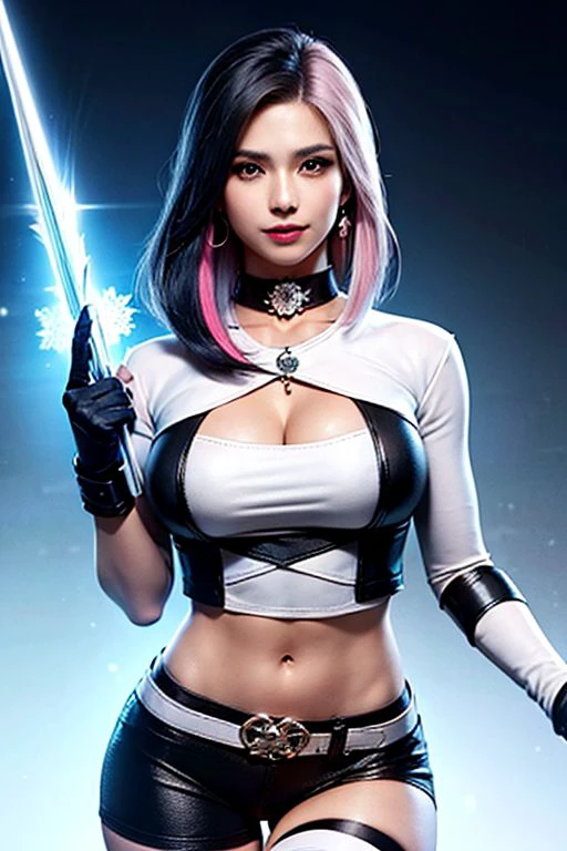 Luna_Snow, 1girl, solo, looking at viewer, smile, black hair, jewelry, white shirt, upper body, pink hair, earrings, lips, streaked hair, makeup, ring, heterochromia eyes, choker, thighhighs, navel, cleavage, medium breasts, black cropped jacket, boots, elbow gloves, midriff, necklace, black footwear, white thighhighs, knee boots, weapon, armor,