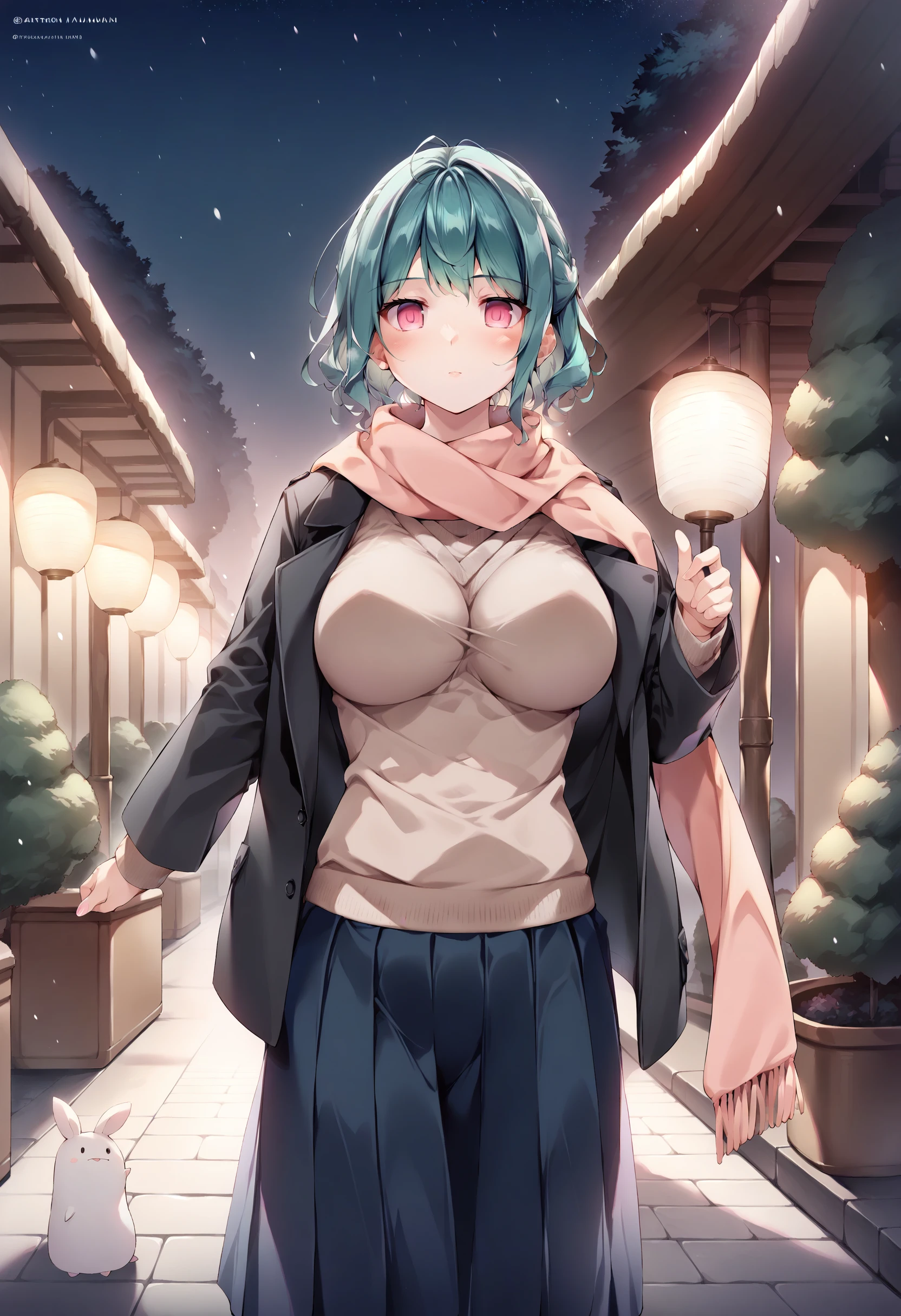 score_9, score_8_up, score_7_up, source_anime, 1girl,curly hair, french braid, big breasts, sweater, black coat, scarf, aqua hair, pink eyes, pleated skirt, long skirt, night, outdoor, snowing, under a tree, dynamic light, standing  <lora:Karory-Style-PonyXL-000046:1>