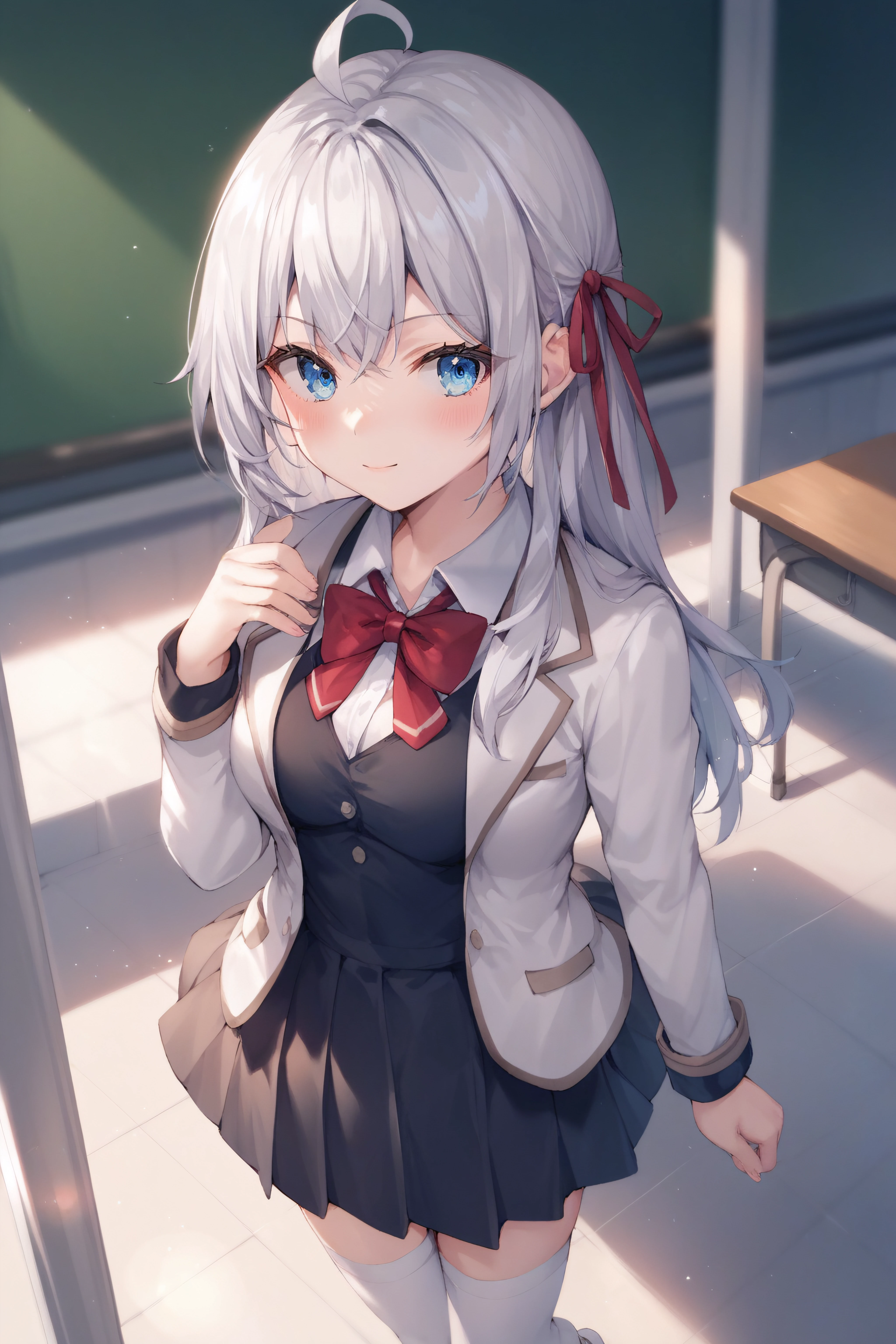 score_9, score_8_up, score_7_up, score_6_up, score_5_up, score_4_up, BREAK source_anime, <lora:alisa mikhailovna kujou-PonyXL:0.8> alisa mikhailovna kujou, blue eyes, silver hair, long hair, red hair ribbon, white shirt, ahoge, white shoes, black vest, school black dress, white thighhighs, short beige blazer, red bowtie, standing,