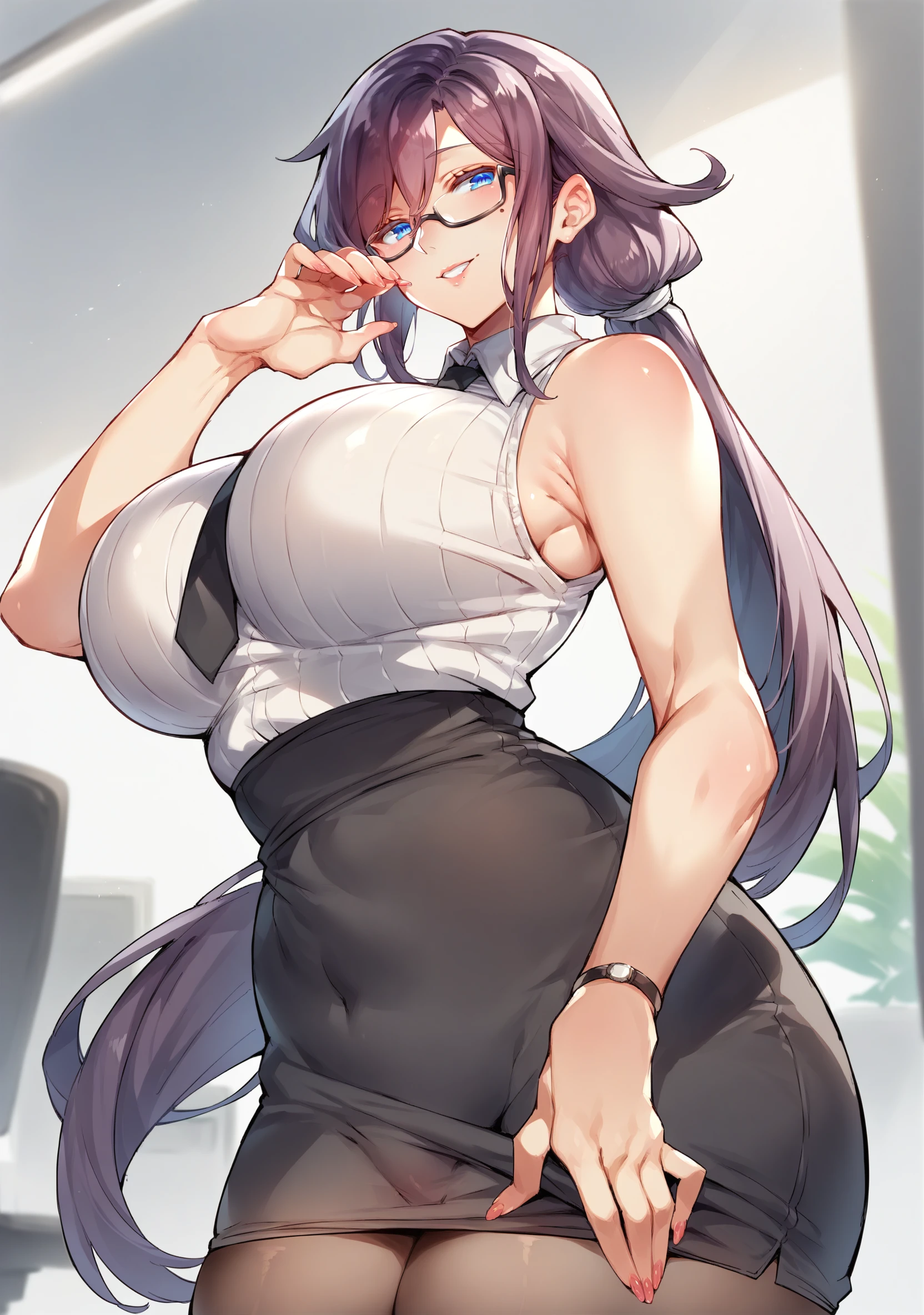 score_9, score_8_up, 1girl, purple hair, (large breasts:1.2), blue eyes, ribbed shirt, sleeveless shirt, bare shoulders, black necktie, white blouse, office lady, smile, lipgloss, glasses, , <lora:Pokoten-Style-PonyXL-000046:1>, very long hair, low ponytail, stiletto heels, standing fullbody, mole below eye