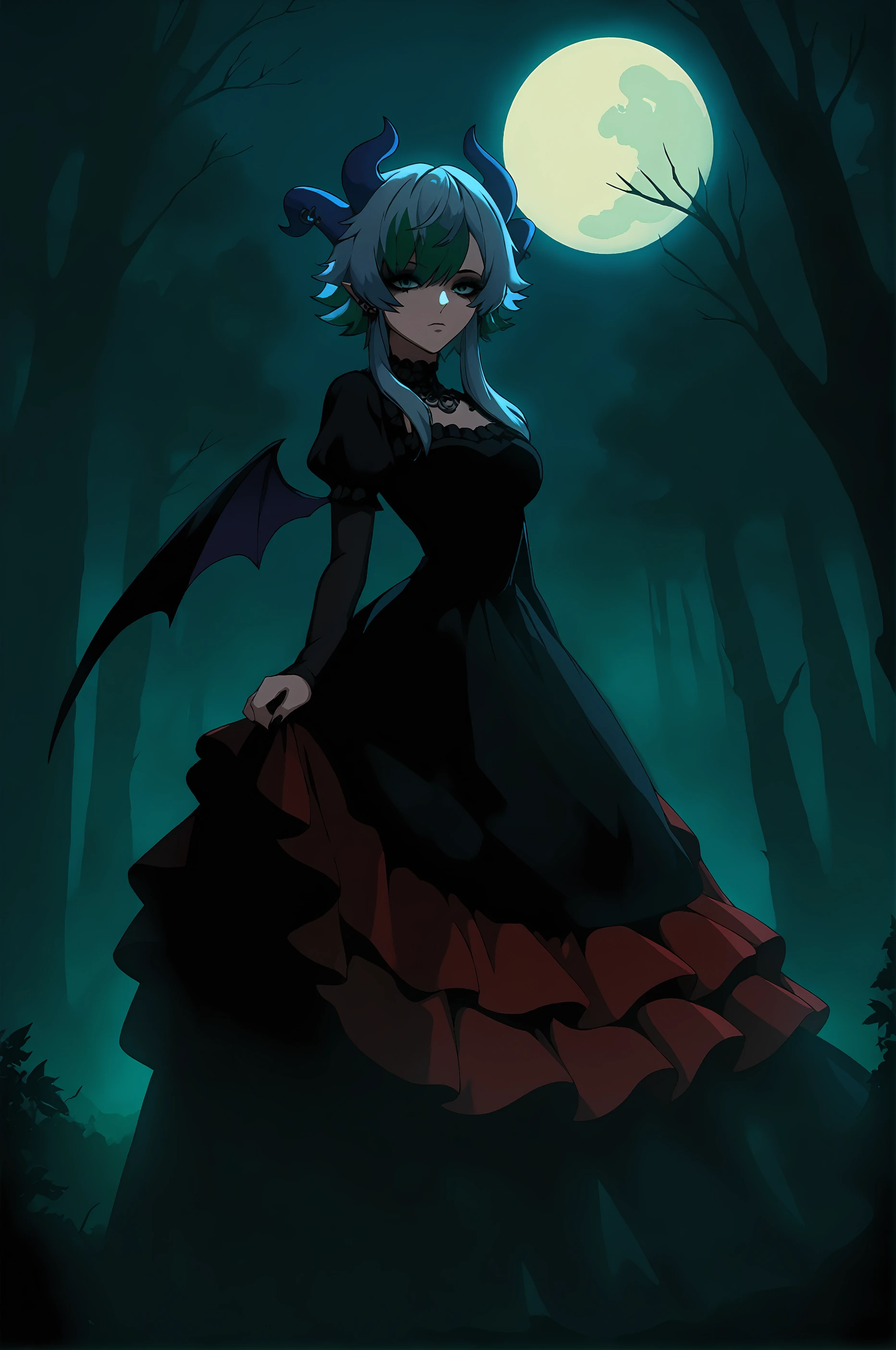 score_9, 
<lora:froot_v1_pruned:1>, lichvtuber, 
goth, red dress, black dress, 
outdoors, forest, moon, frilled dress, bubble skirt, 
looking at viewer, 
high resolution, Masterpiece
