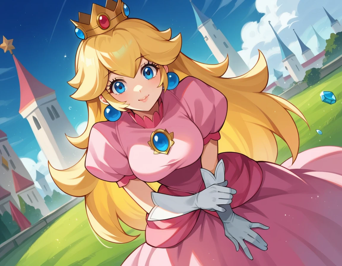 score_9, score_8_up, score_7_up, source_anime,
princesspeach, <lora:princess-peach-chibi-ponyxl-lora-nochekaiser:1>
princess peach, blonde hair, blue eyes, long hair, smile,
crown, dress, gem, gloves, pink dress, puffy short sleeves, puffy sleeves, short sleeves, white gloves,
outdoors, cityscape, bent over,
looking at viewer, dutch angle, cowboy shot