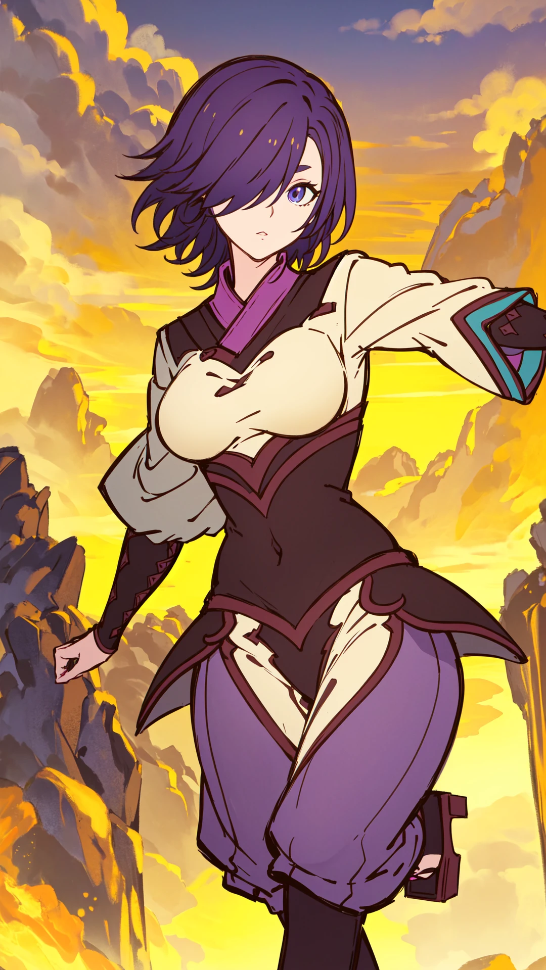 best quality, (masterpiece:1.2), detailed, gonchu, fighting,, transporant pink face veil, 1woman, short purple hair, hair over right eye, indigo eye, pale shirt, shoulder guards, wrist guards, black waistguard, teal triangle pattern on left sleeve, purple pants tucked into black stockings, geta sandals, (((cowboy shot))), (((dynamic pose))), (masterpiece, best quality, ultra detailed, beautiful illustration), atmospheric perspective, depth of field, beautiful detailed eyes, dynamic pose, dynamic angle, 1girl, ((outdoors, Chinese fantasy background)), 8k, 16k, trending on pixiv, fanbox, skeb, masterpiece, detailed face, digital painting, (best quality, ultra detailed), (detailed background:1.2), (perfect face, detailed face), (mature female:1.4),  <lora:gonchu:0.7>