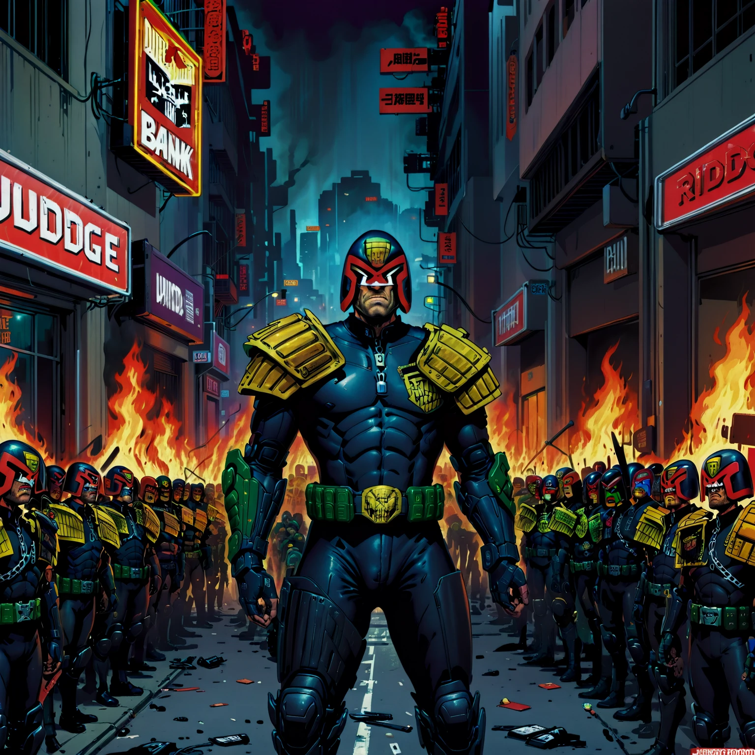 judge dredd scowling at rioting citizens outside a burning bank, in armor and uniform, wearing a helmet, jdgdrddcom, cyberpunk, comic, cityscape, barricades, night, darkness, neon light, riot, signs, fighting, crowds