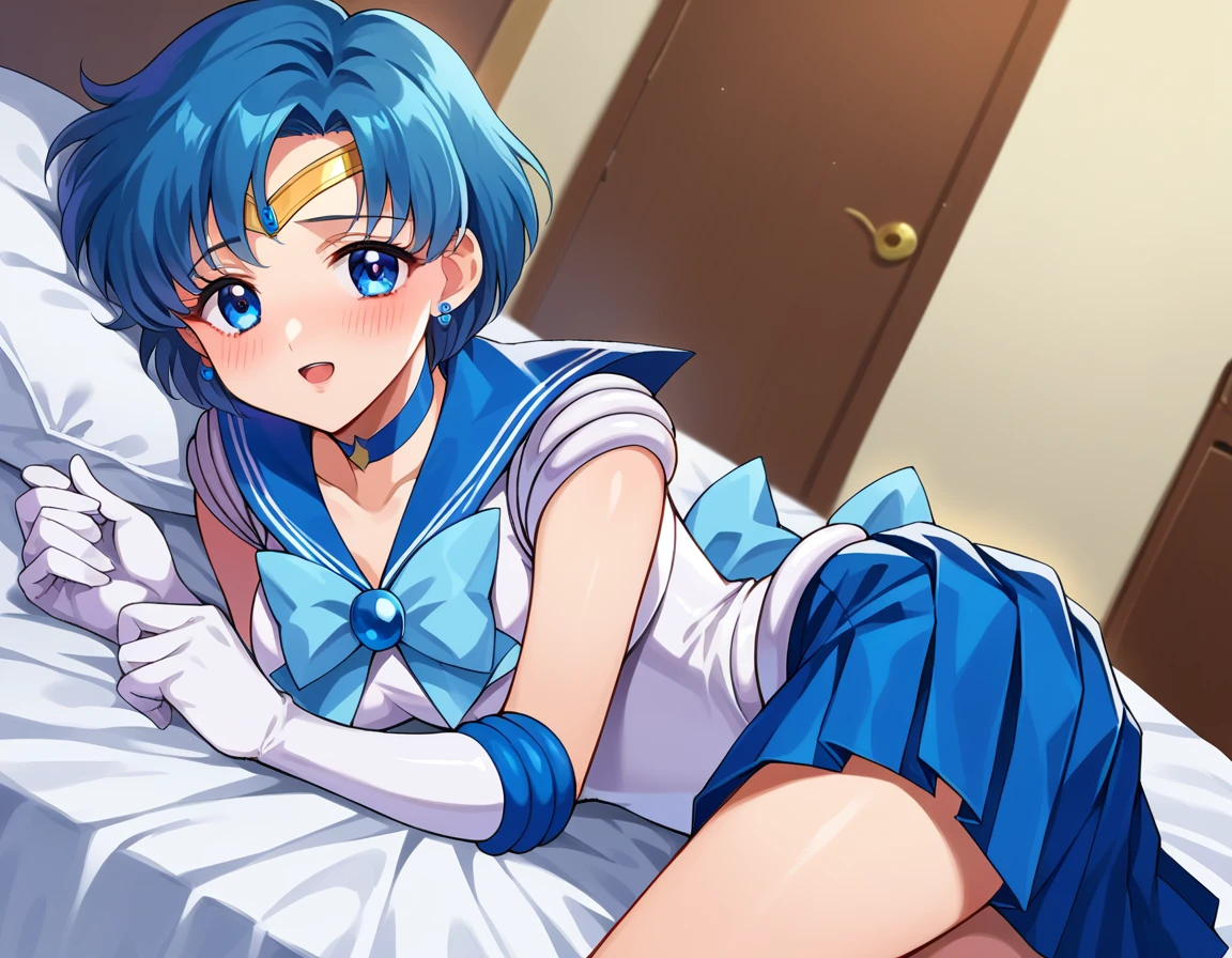 masterpiece, best quality, ultra-detailed ((beautiful detailed eyes):1.3), (((ars old)))、(sailor mercury:1.5)、(completely nude:1.5)、(large boob), ((cleavage)), (extremely delicate and beautiful fabric), looking at viewer,(game cg)， (embarrassed), blush, slender, slim, very clear,  ((an extremely delicate and beautiful)), ((((illustration)))),nsfw， (extremely detailed skin), ((ultra-detailed:1.35)), (detailed nipples:1.2), detailed fingers, absurdres, intricate, (1girl), ((solo)), ((glistening skin)), (((oily skin))), ((wet skin)),(((cute face))),(perfect nipples),(on back with Knees Up , spread legs:1.5),spread legs,slender、(bedroom:1.5)、(on back on desk:1.5)、(on back:1.5)、on bed、blue skirt、sex，