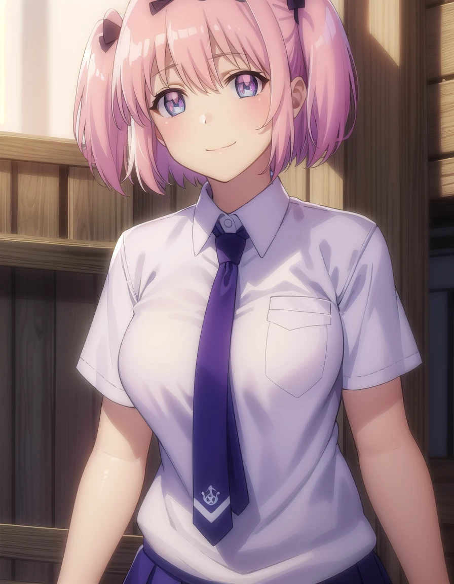 skhibari, <lora:sk hibari s1-lora-nochekaiser:1>,
hibari, short hair, bow, twintails, pink hair, hair bow, symbol-shaped pupils, short twintails, blue eyes,
BREAK skirt, bow, school uniform, necktie, purple skirt,
BREAK outdoors, classroom,
BREAK looking at viewer, (cowboy shot:1.5), smile,
BREAK <lyco:GoodHands-beta2:1>, (masterpiece:1.2), best quality, high resolution, unity 8k wallpaper, (illustration:0.8), (beautiful detailed eyes:1.6), extremely detailed face, perfect lighting, extremely detailed CG, (perfect hands, perfect anatomy),