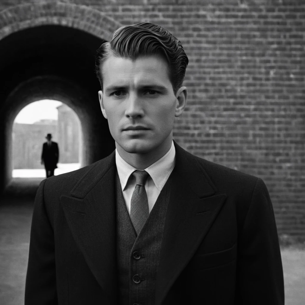 cinematic film still of <lora:1940's style:1>
In the 1940's a man in a suit and tie standing in front of a brick wall with a tunnel in background,solo,short hair,shirt,1boy,hat,jacket,monochrome,greyscale,male focus,necktie,collared shirt,formal,suit ,realistic,realism,perfection,perfect,filmic,retro,vintage,classic,different haircut,different look,different style,1940's style , 1940 style, shallow depth of field, vignette, highly detailed, high budget, bokeh, cinemascope, moody, epic, gorgeous, film grain, grainy