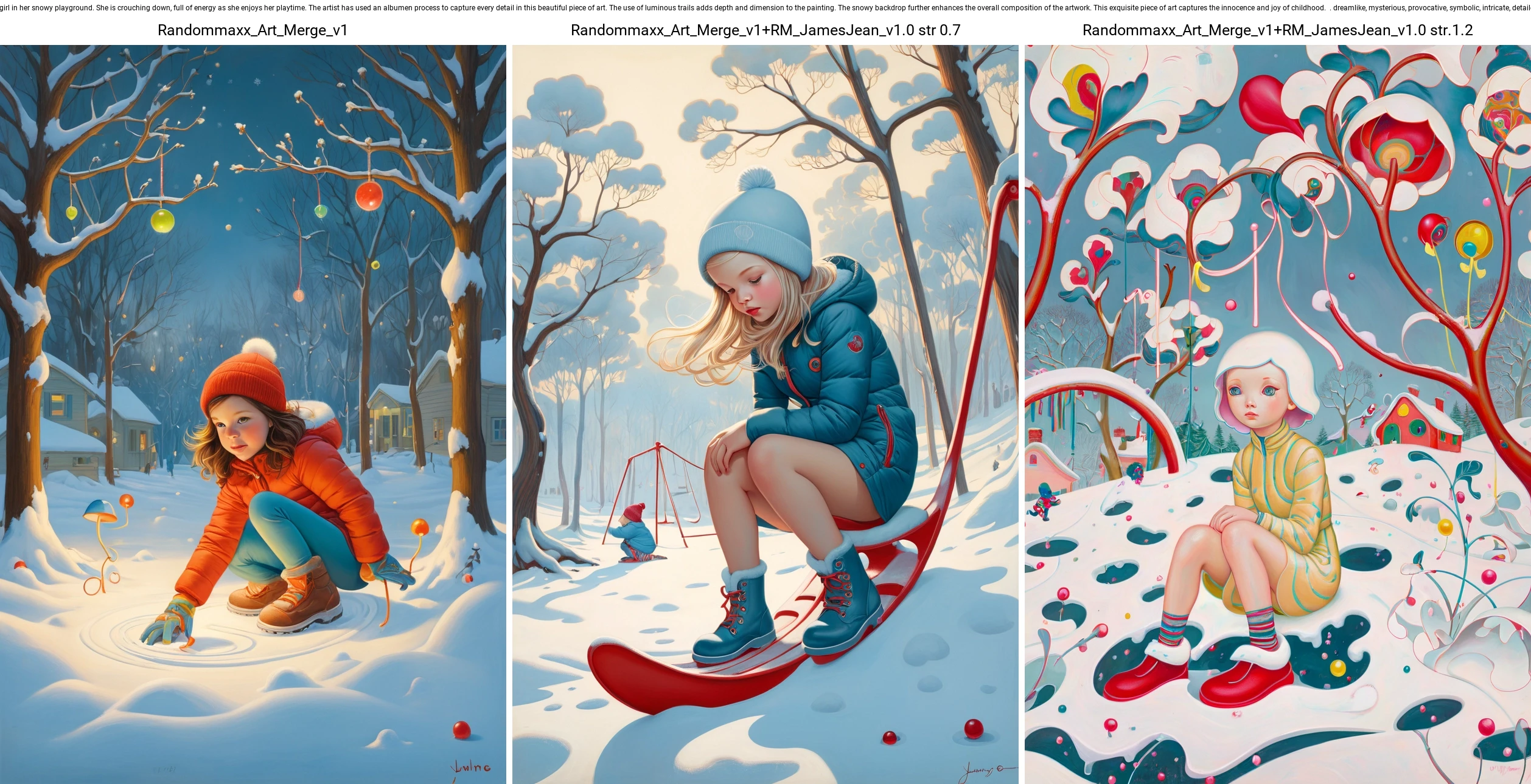 JamesJean; Illustration, Painting,breathtaking surrealist art Painting of a playful girl in her snowy playground. She is crouching down, full of energy as she enjoys her playtime. The artist has used an albumen process to capture every detail in this beautiful piece of art. The use of luminous trails adds depth and dimension to the painting. The snowy backdrop further enhances the overall composition of the artwork. This exquisite piece of art captures the innocence and joy of childhood. . dreamlike, mysterious, provocative, symbolic, intricate, detailed . award-winning, professional, highly detailed