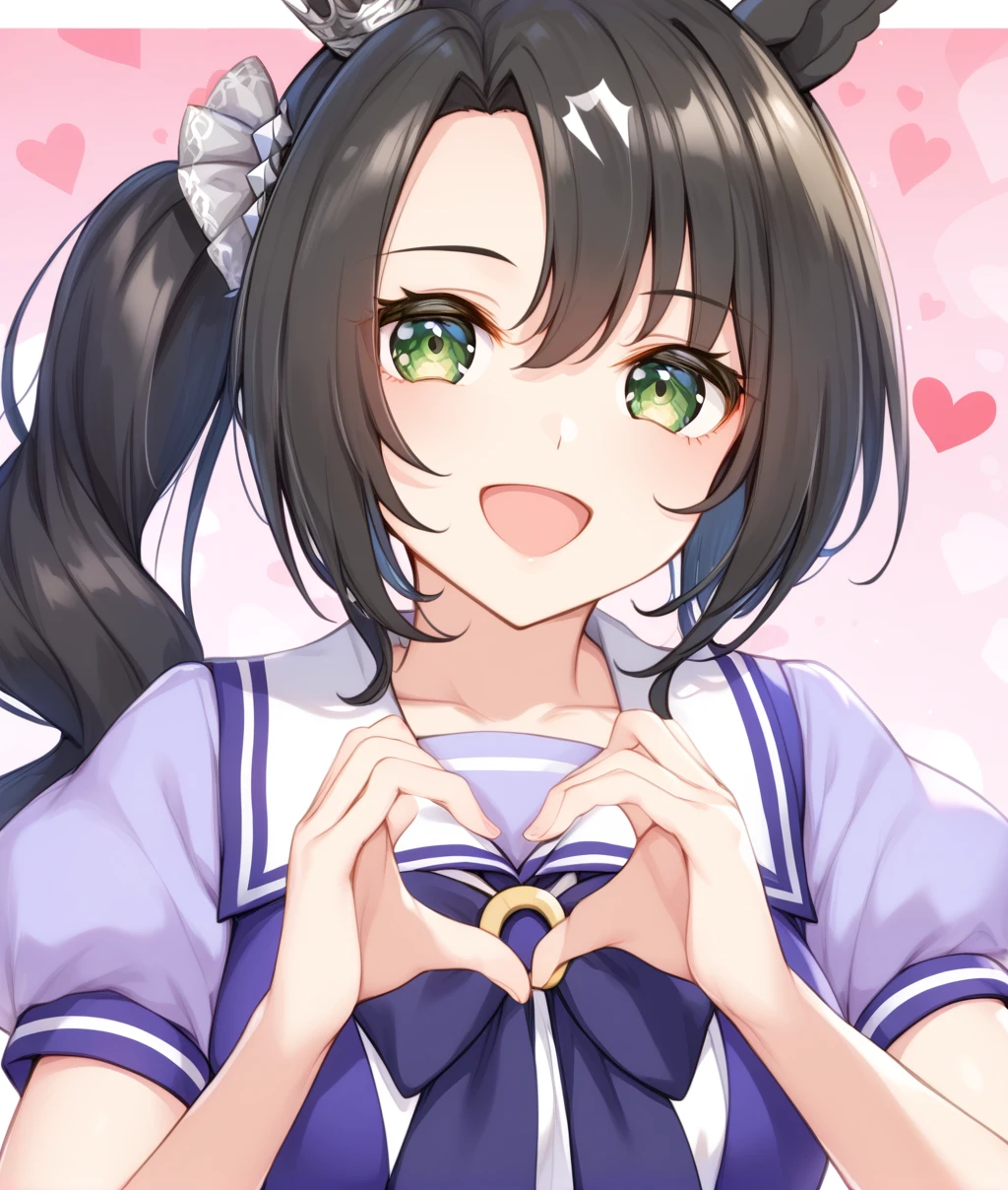 score_9, score_8_up, score_7_up BREAK
tracen_uniform, 1girl, solo, looking at viewer, open mouth, bangs, skirt, shirt, bow, school uniform, upper body, short sleeves, heart, pleated skirt, puffy sleeves, bowtie, sailor collar, :o, side ponytail, puffy short sleeves, white skirt, horse ears, horse girl, purple bow, purple shirt, sailor shirt, heart hands, tracen school uniform, purple bowtie, horseshoe ornament
five fingers, <lora:satono_crown-ponyXL-000004:1>,