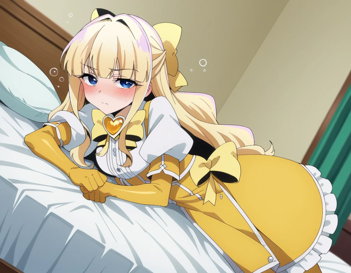 score_9, score_8_up, score_7_up, source_anime,
kaorukotenkawa, <lora:kaoruko-tenkawa-ponyxl-lora-nochekaiser:1>
kaoruko tenkawa, long hair, blue eyes, blonde hair, bow, hair bow, yellow bow,
gloves, dress, heart, elbow gloves, magical girl, yellow gloves,
indoors, bed, bed room, on side, blush, drunk,
looking at viewer, dutch angle, cowboy shot