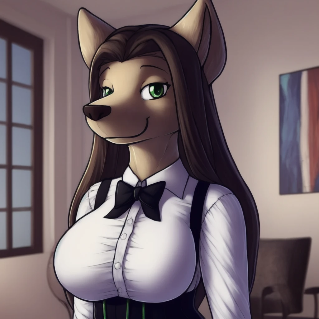 masterpiece,8k,16k,32k,absurd resolution,high resolution,
HowardStyle,1girl,solo,long hair,breasts,looking at viewer,smile,skirt,large breasts,brown hair,shirt,long sleeves,bow,animal ears,green eyes,standing,white shirt,upper body,sidelocks,shiny,collared shirt,artist name,indoors,bowtie,black skirt,blurry,shiny hair,blurry background,hair intakes,happy,suspenders,white bow,green skirt,furry,forehead,outline,v arms,breasts squeezed together,furry female,suspender skirt,body fur,straight-on,white bowtie,animal nose,snout
, <lora:HowardStyle:0.8>
